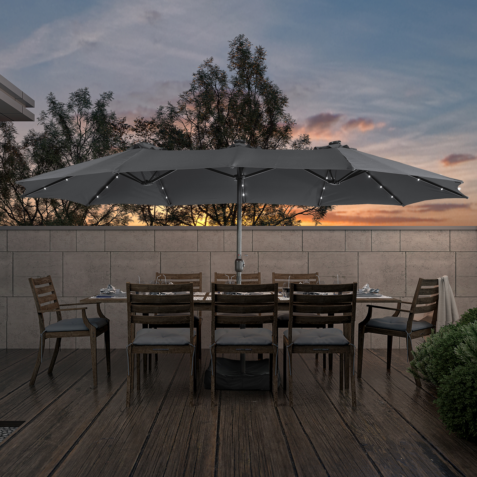 15ft Rectangular Patio Umbrella with Base and LED Lights