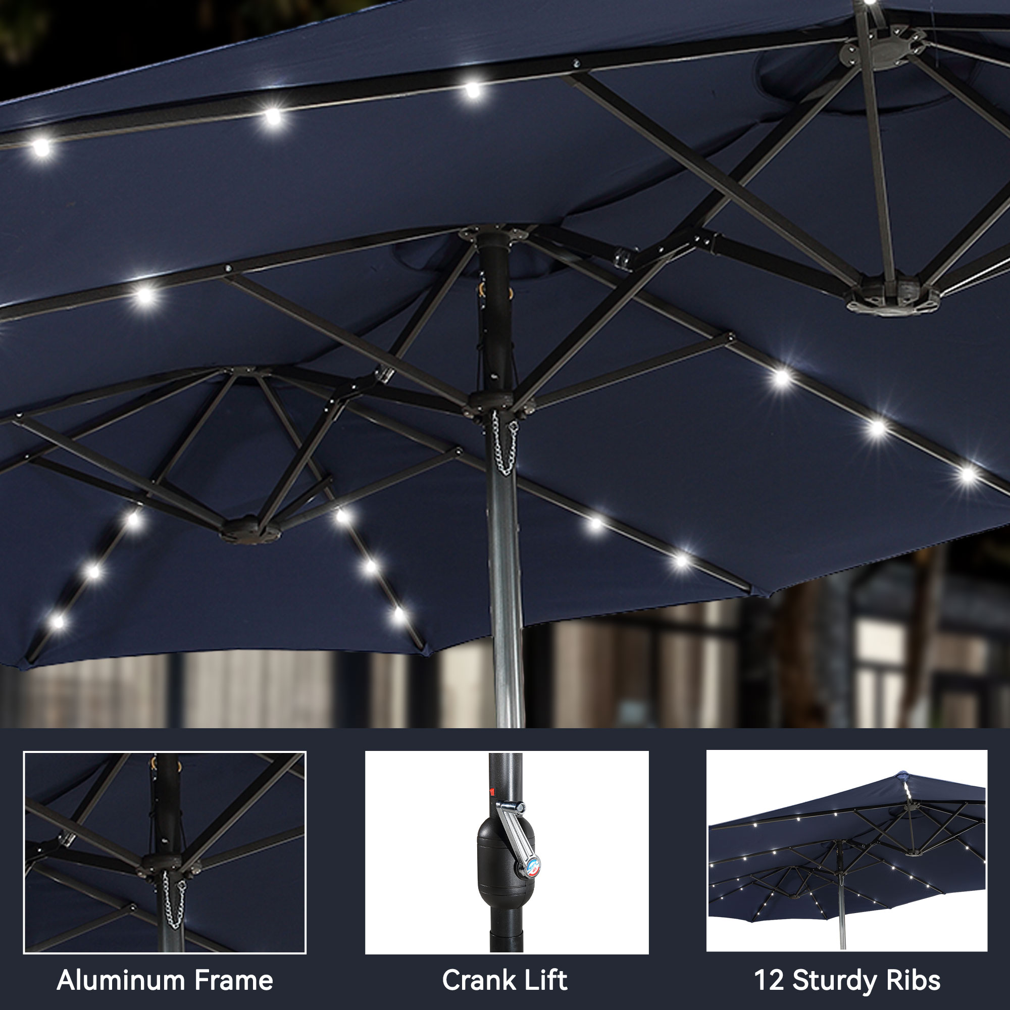 Mondawe 15ft Rectangular Patio Umbrella with Base and LED Lights