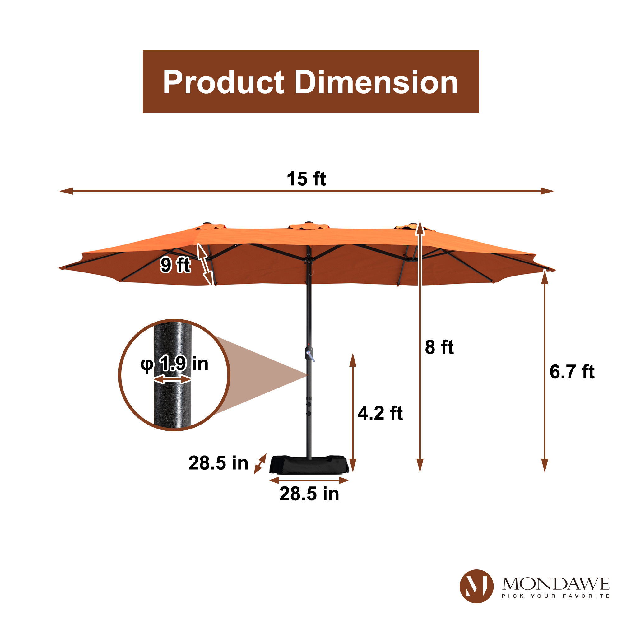 Mondawe 15ft Rectangular Patio Market Umbrella with Base-Mondawe