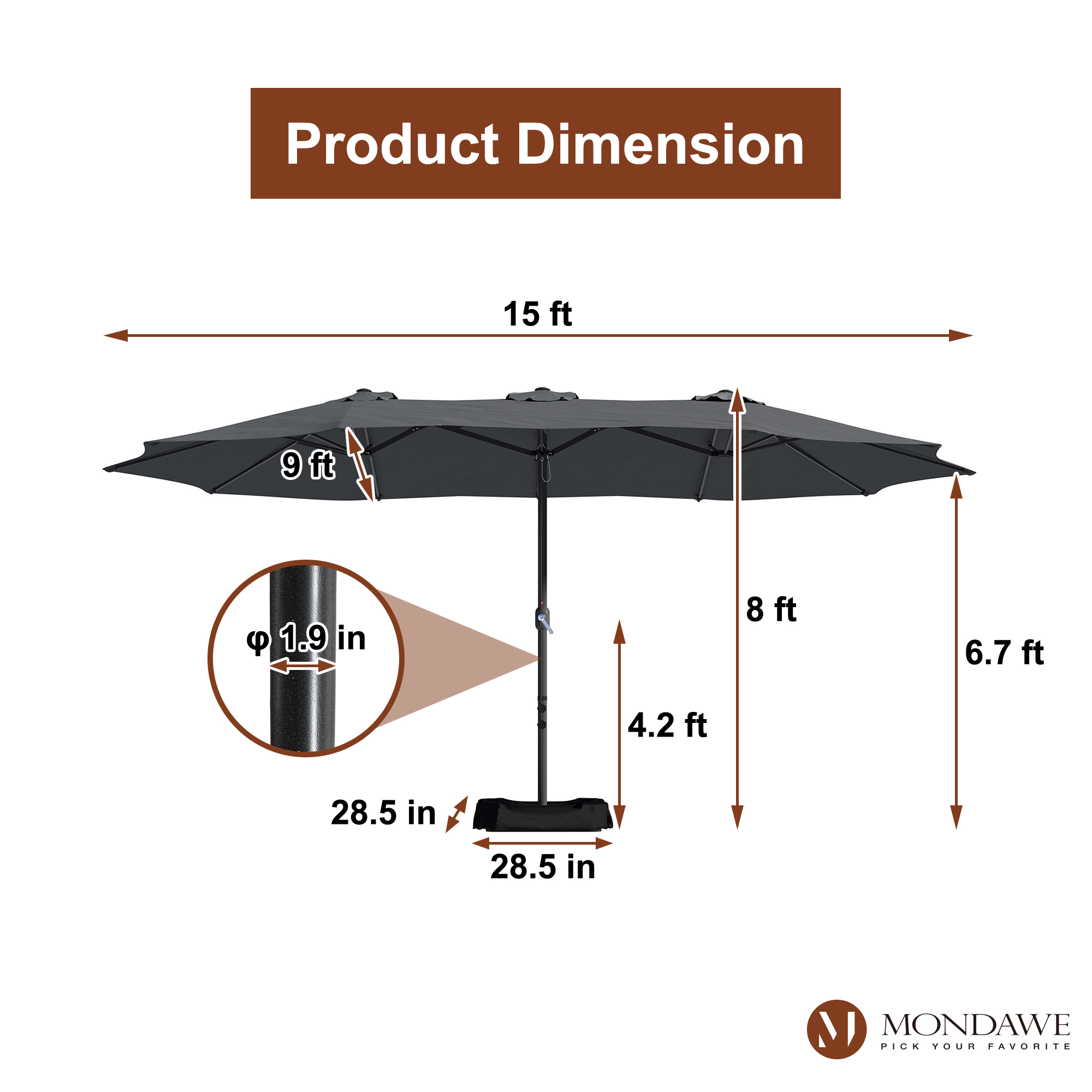 Mondawe 15ft Rectangular Patio Market Umbrella with Base-Mondawe