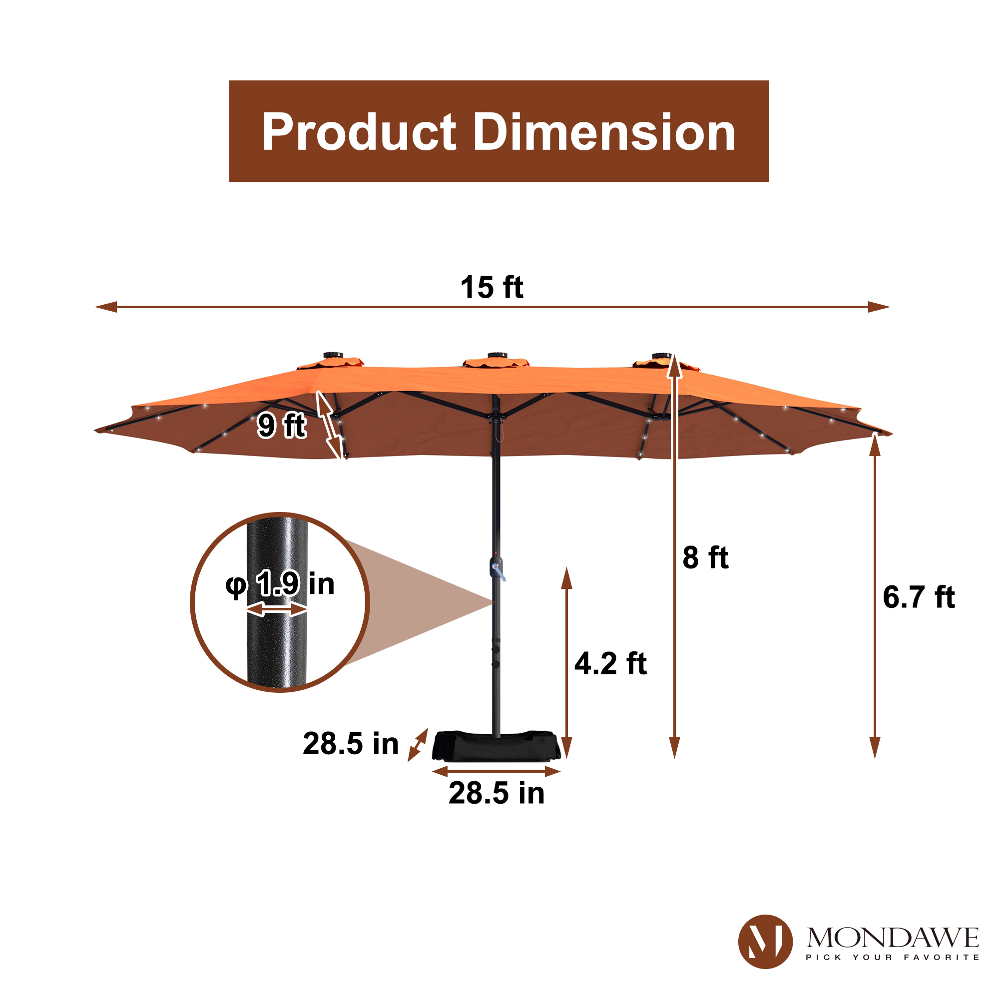 Mondawe 15ft Rectangular Patio Umbrella with Base and LED Lights-Mondawe