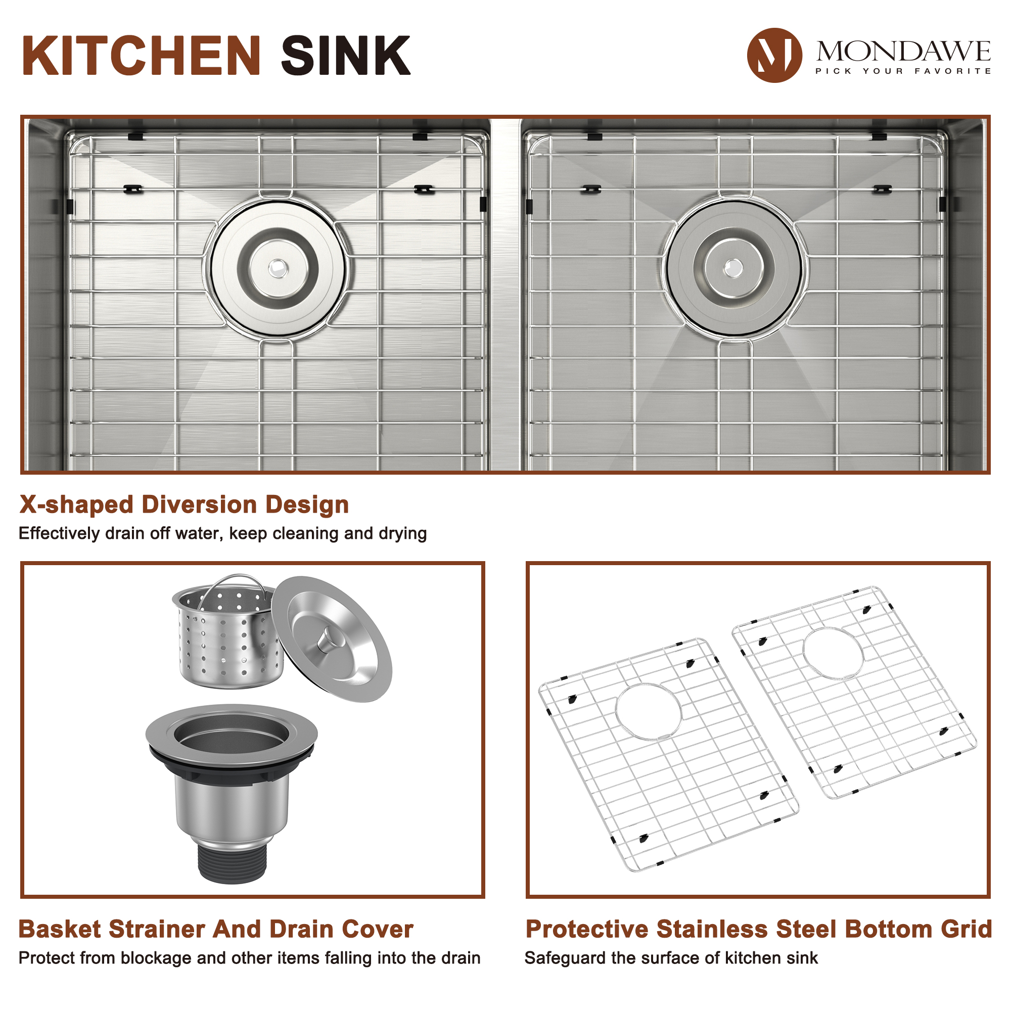 Drop-In 33-in x 22-in Brushed Stainless Steel Double Bowl Kitchen Sink-Mondawe
