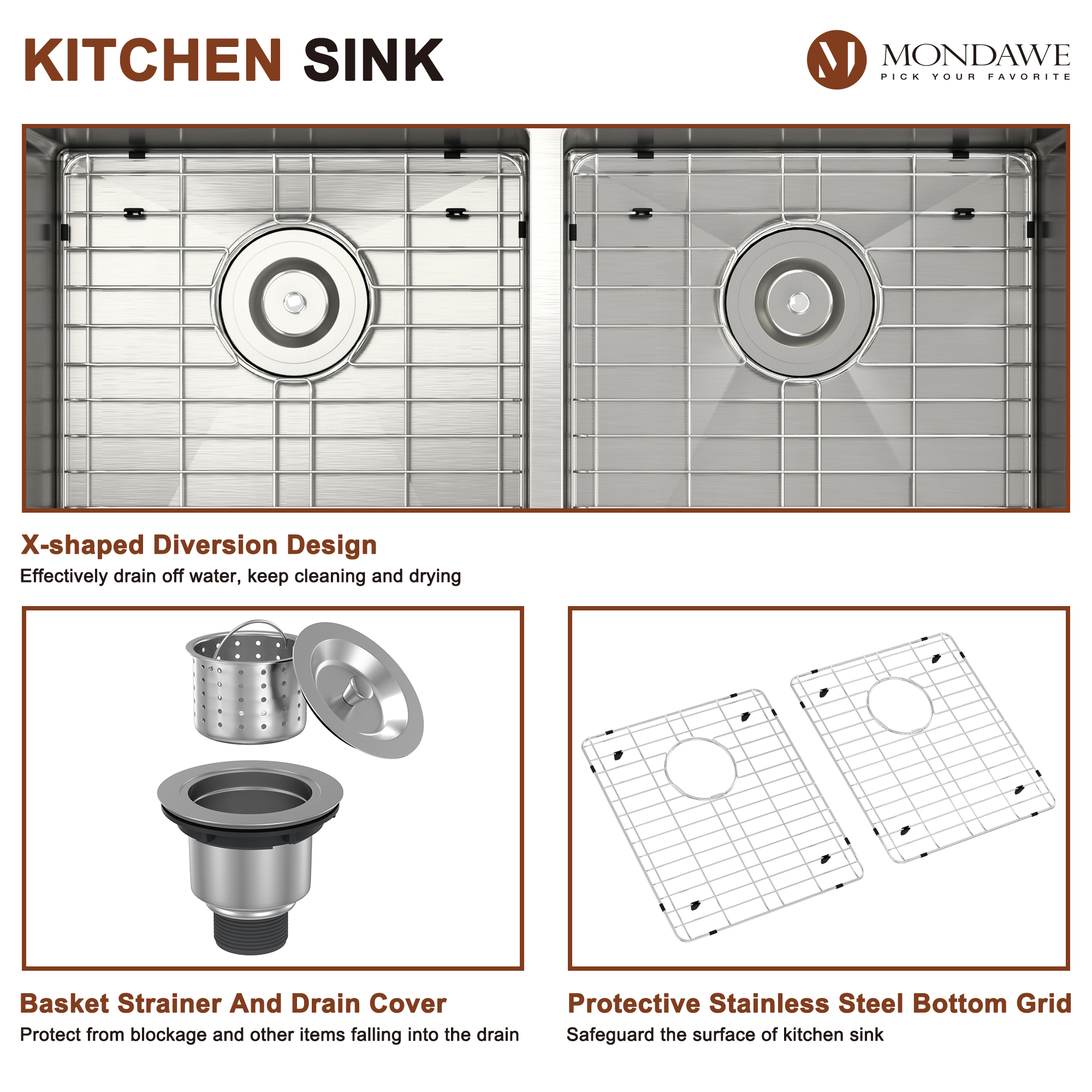 33 inch Farmhouse Apron Front 33-in x 22-in Brushed Stainless Steel Double Bowl Kitchen Sink-Mondawe