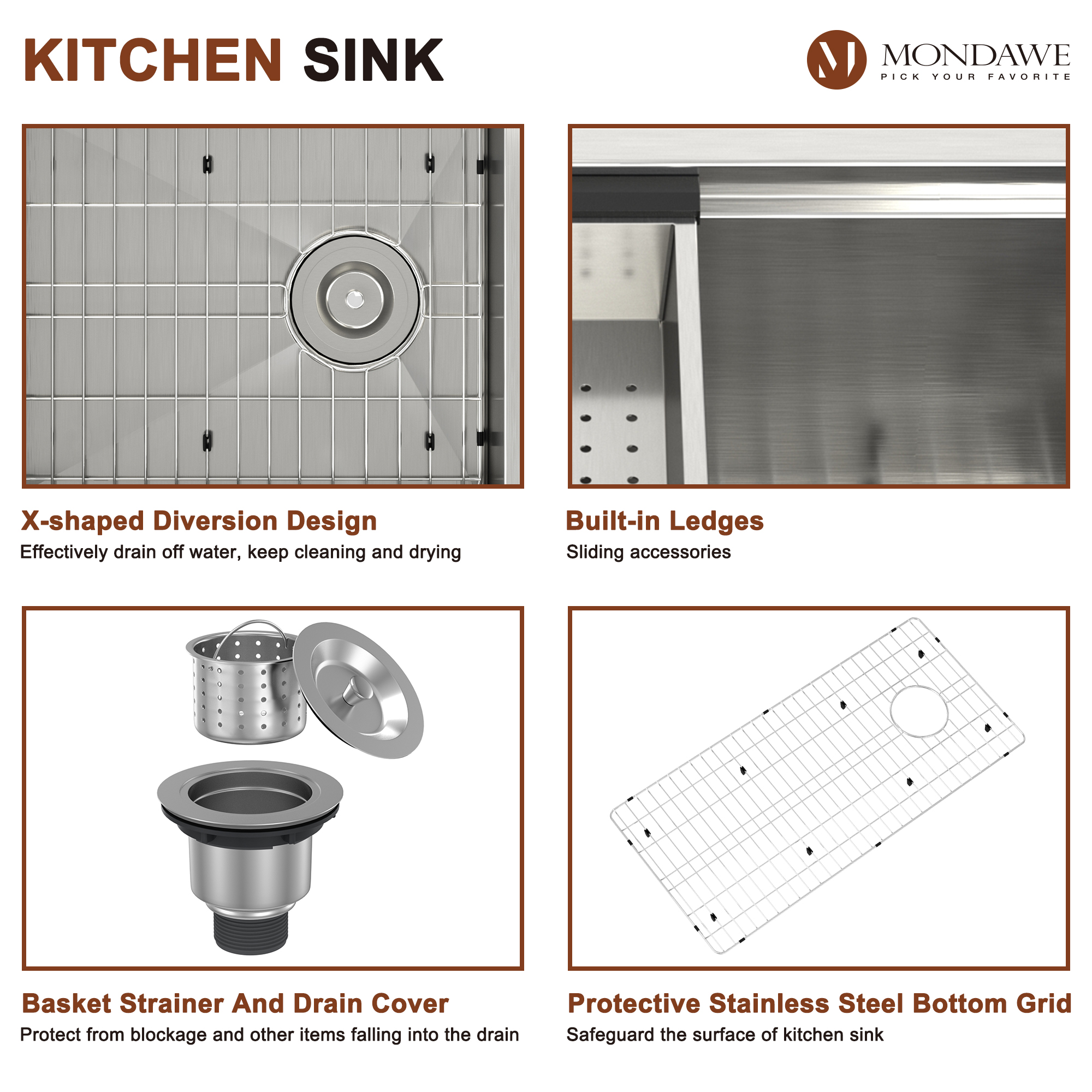 Undermount 36-in x 19-in Brushed Stainless Steel Single Bowl Workstation Kitchen Sink-Mondawe