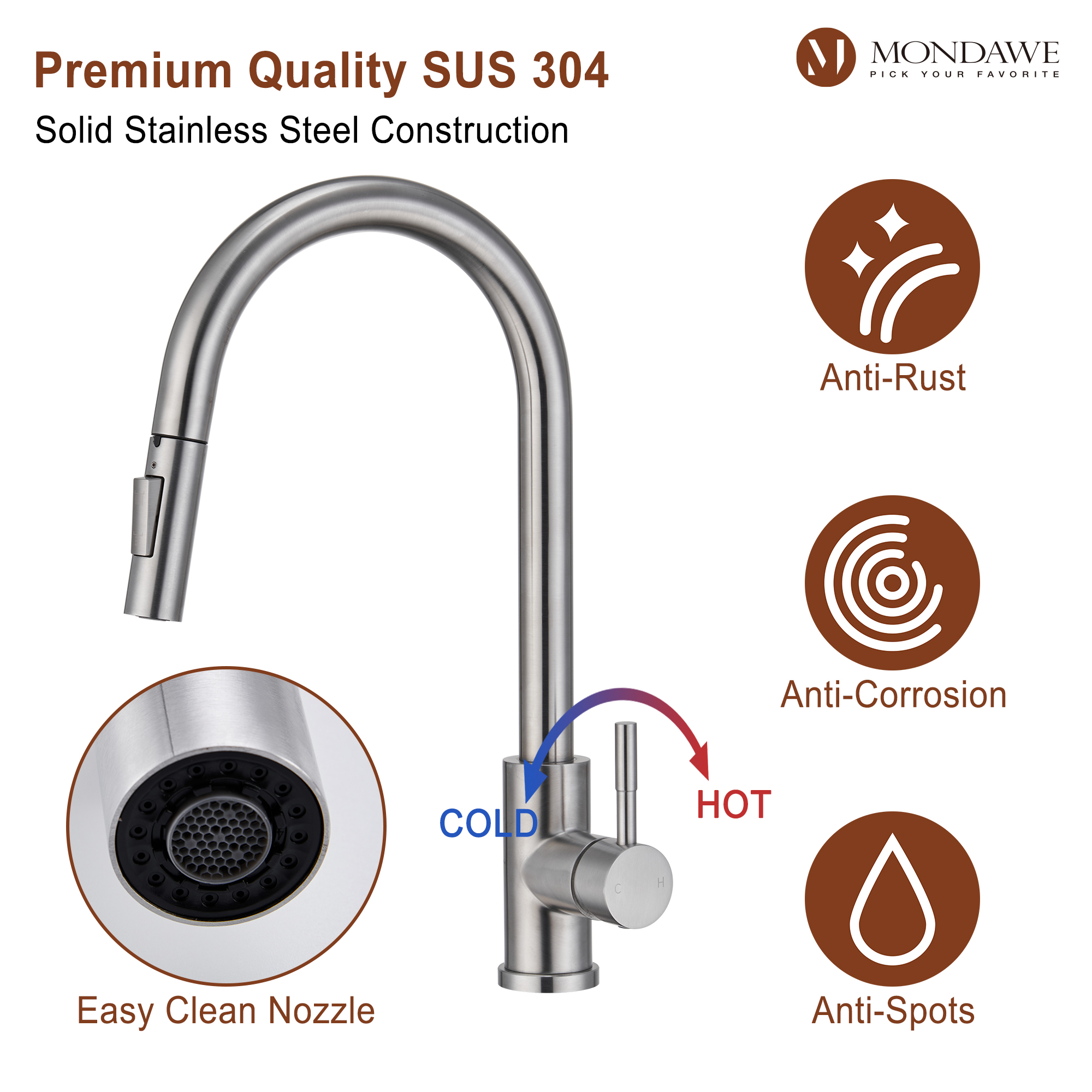 High Arc Pull Down Single Handle Kitchen Faucet with Accessories-Mondawe