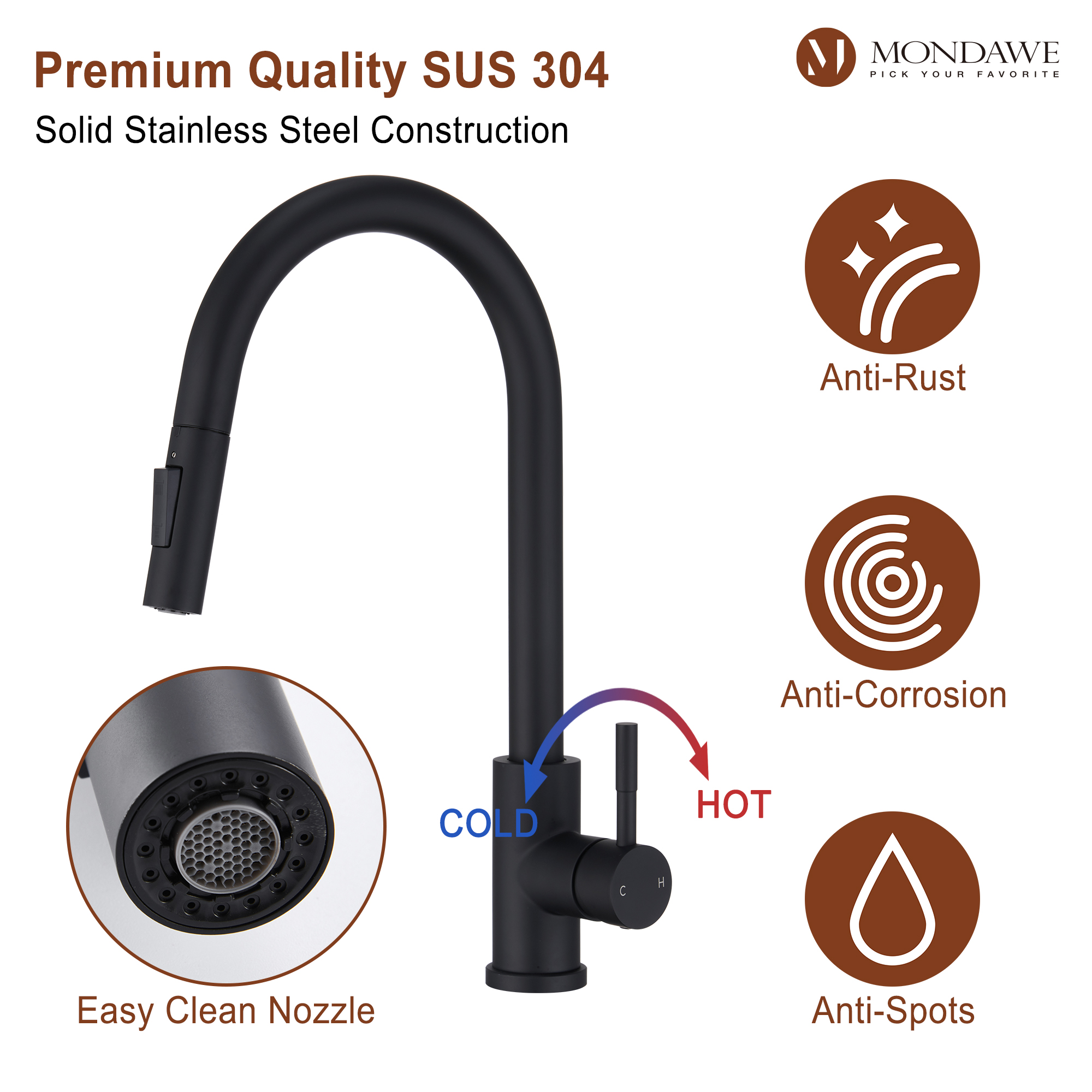 High Arc Pull Down Single Handle Kitchen Faucet with Accessories-Mondawe