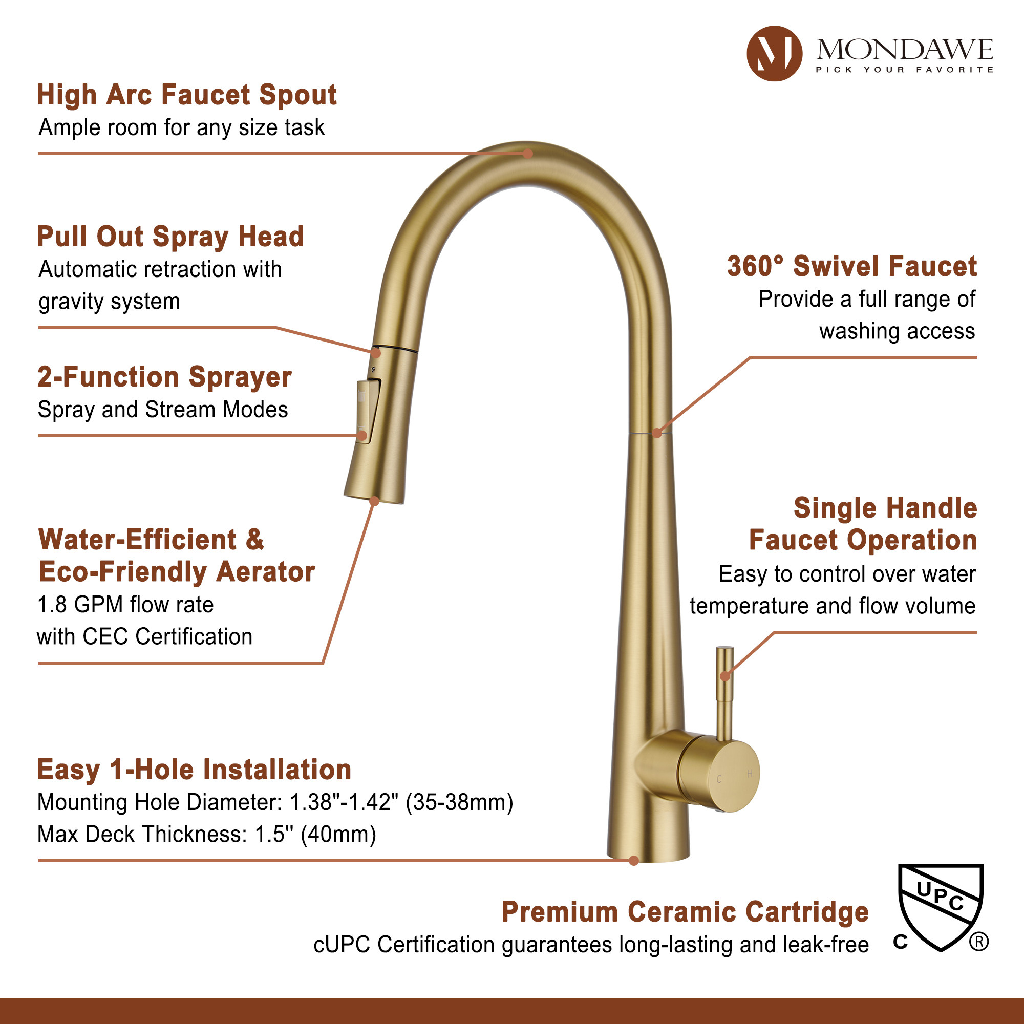 High Arc Pull Down Single Handle Kitchen Faucet with Accessories-Mondawe