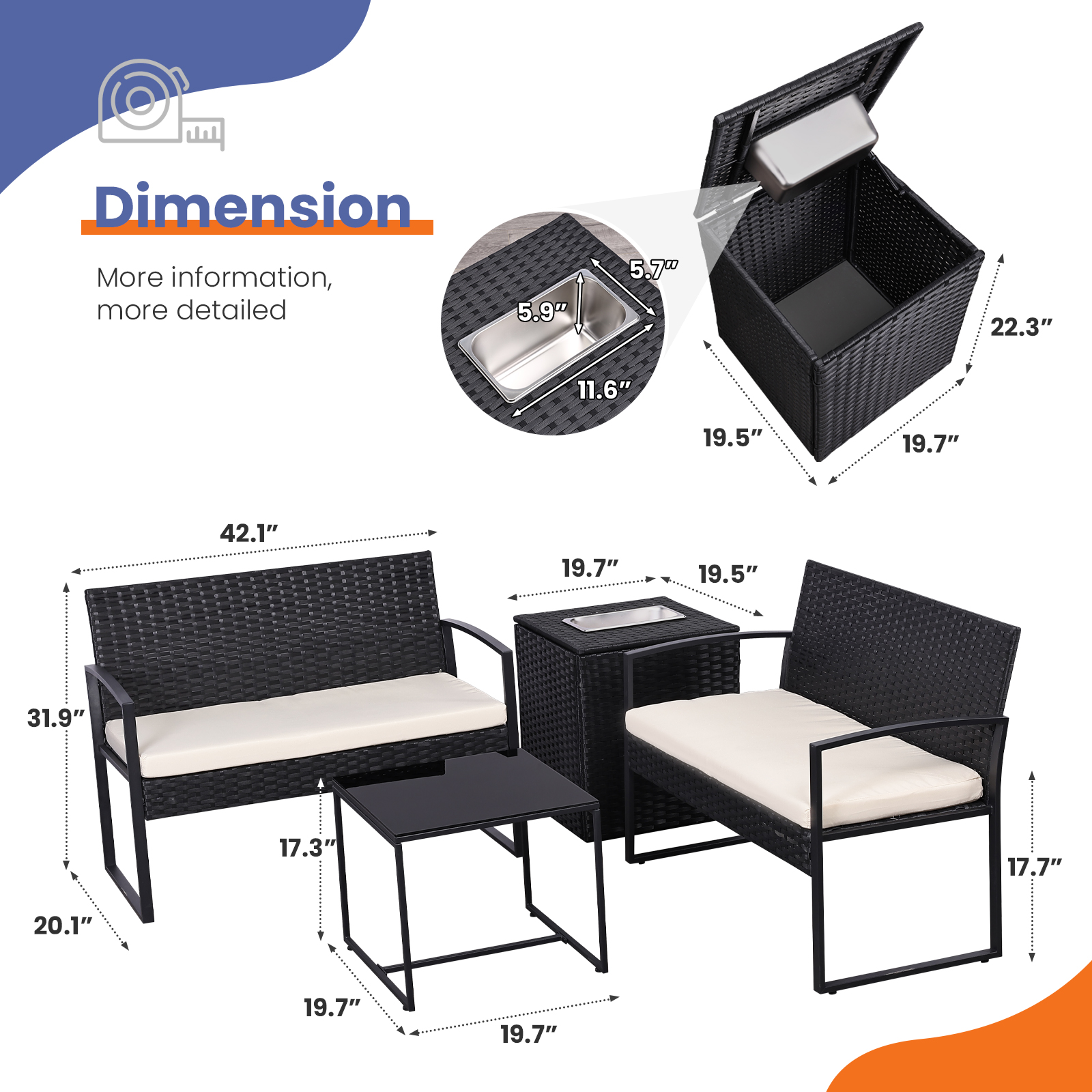 4-Piece Outdoor Patio Set with Ice Bucket Table – PE Rattan Double Chairs & Coffee Table Conversation Set with Storage, Waterproof Cushions, 5 Color Options