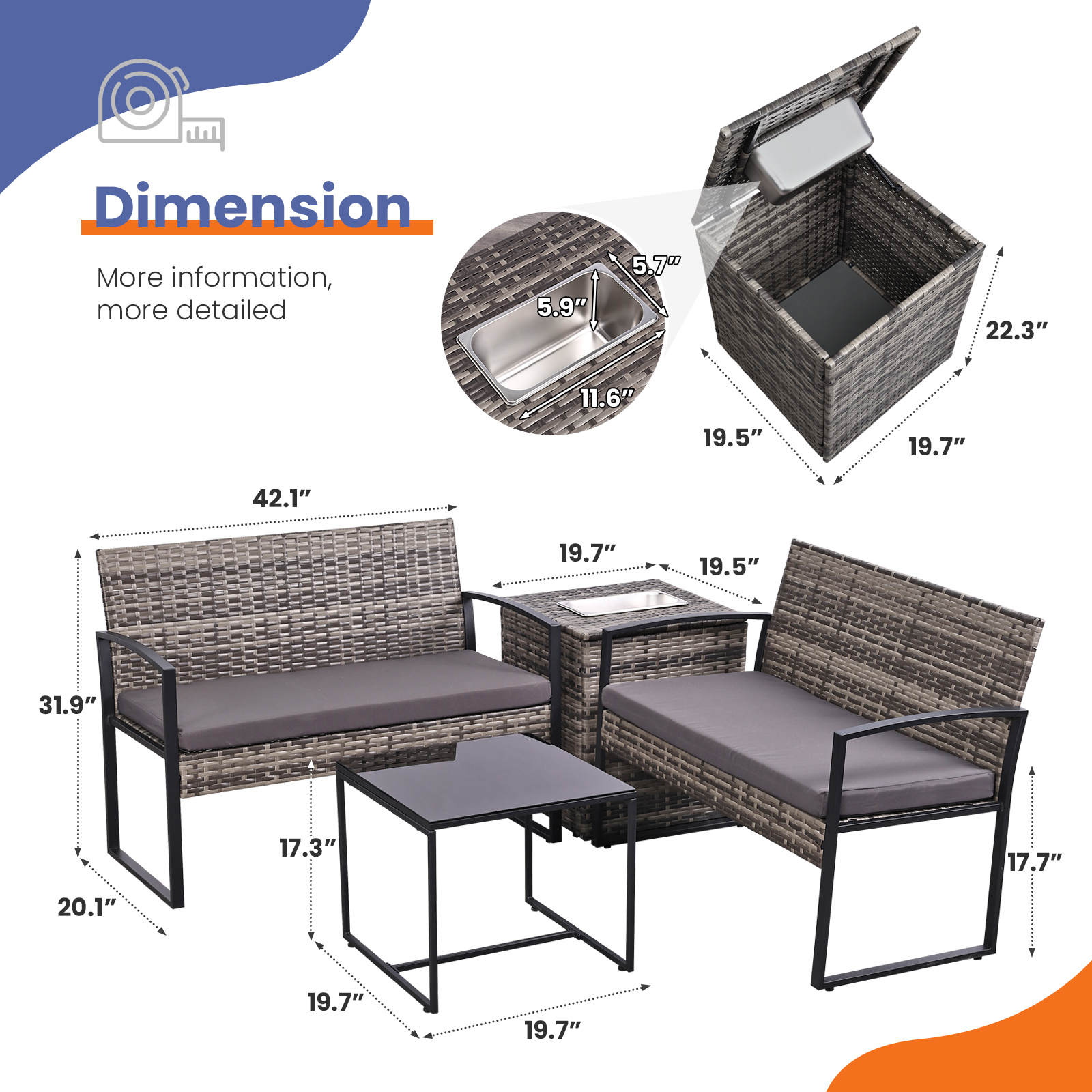 4-Piece Outdoor Patio Set with Ice Bucket Table – PE Rattan Double Chairs & Coffee Table Conversation Set with Storage, Waterproof Cushions, 5 Color Options