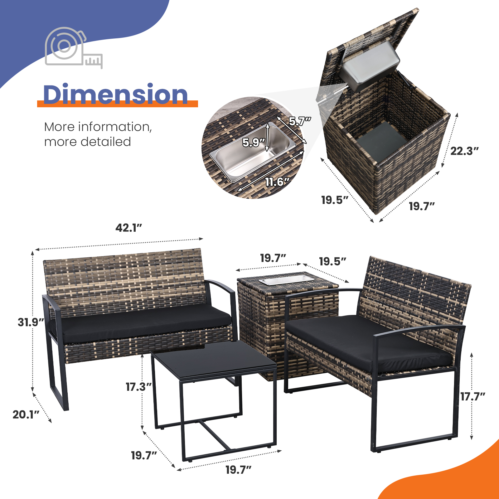 4-Piece Outdoor Patio Set with Ice Bucket Table – PE Rattan Double Chairs & Coffee Table Conversation Set with Storage, Waterproof Cushions, 5 Color Options