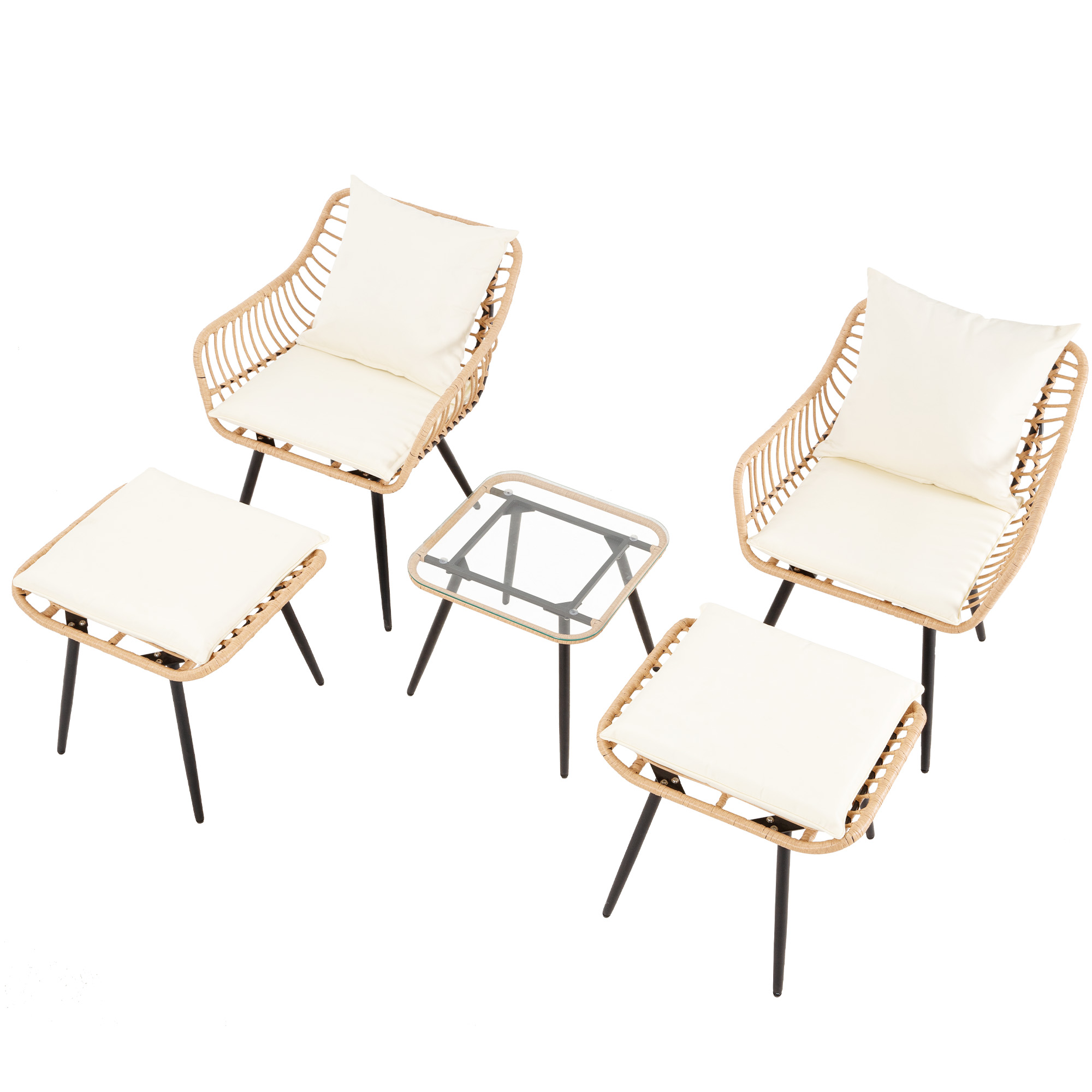 7-Piece Patio Bistro Set – PE Rattan Chairs with Cushions, Ottomans, and Tempered Glass Coffee Table, Compact Outdoor Furniture for Balcony or Small Spaces (Blue/Beige)