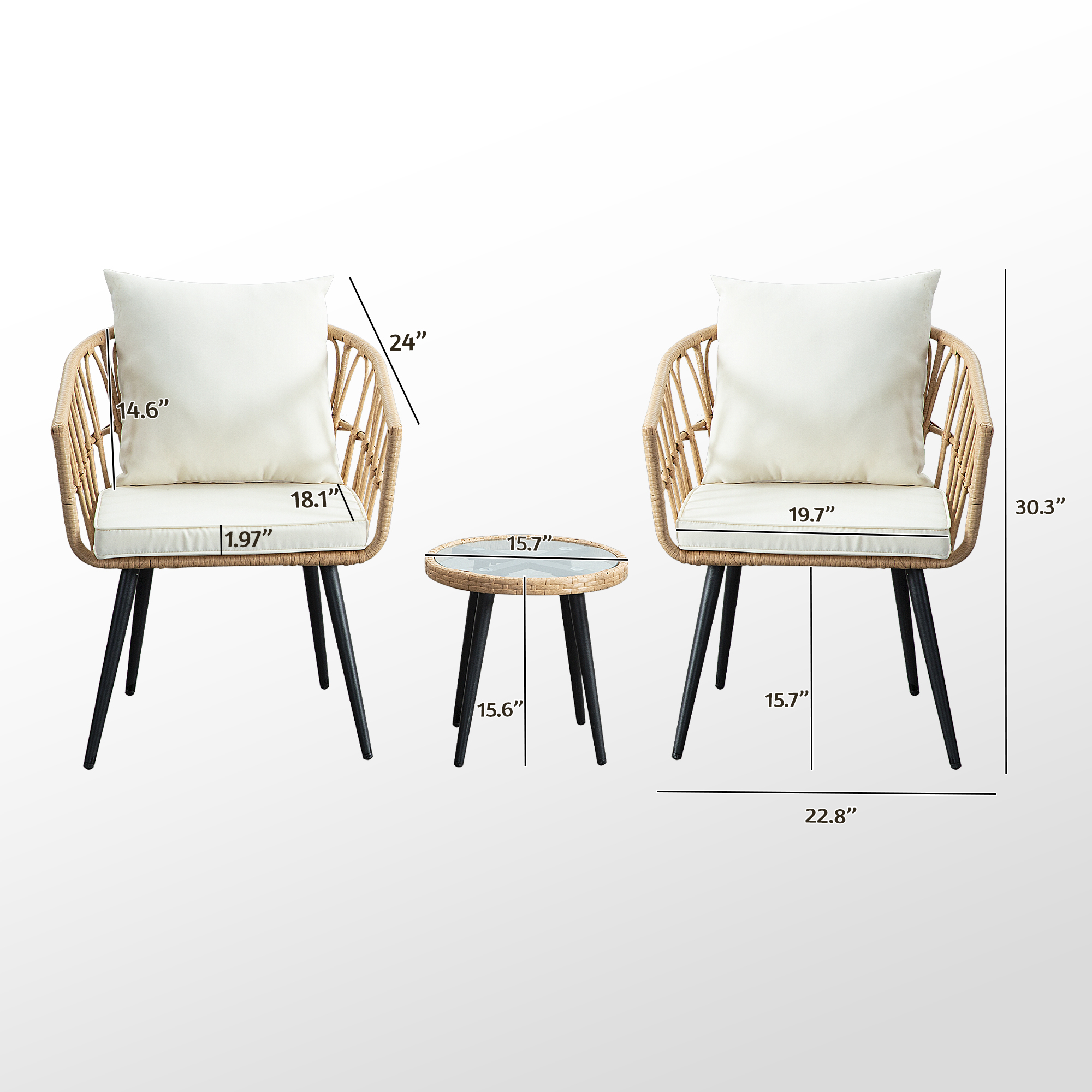 3-Piece PE Rattan Patio Bistro Set – 2 Chairs and 1 Coffee Table with Waterproof Cushions, Outdoor Furniture Set for Balcony/Garden, Beige