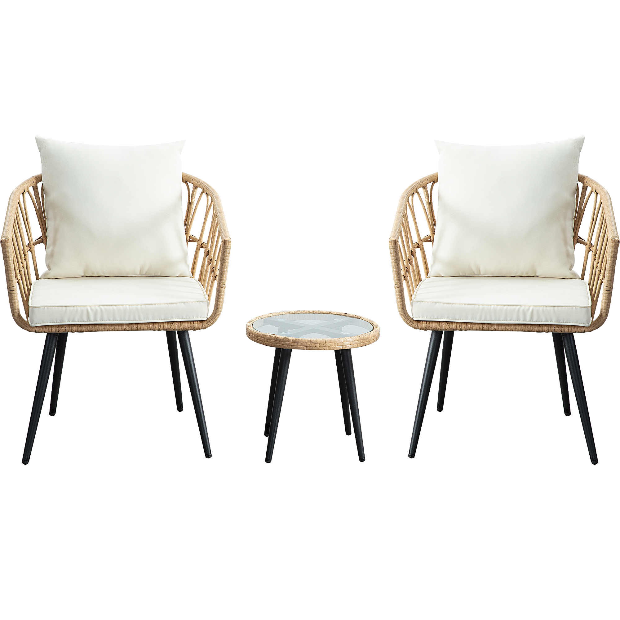 3-Piece PE Rattan Patio Bistro Set – 2 Chairs and 1 Coffee Table with Waterproof Cushions, Outdoor Furniture Set for Balcony/Garden, Beige