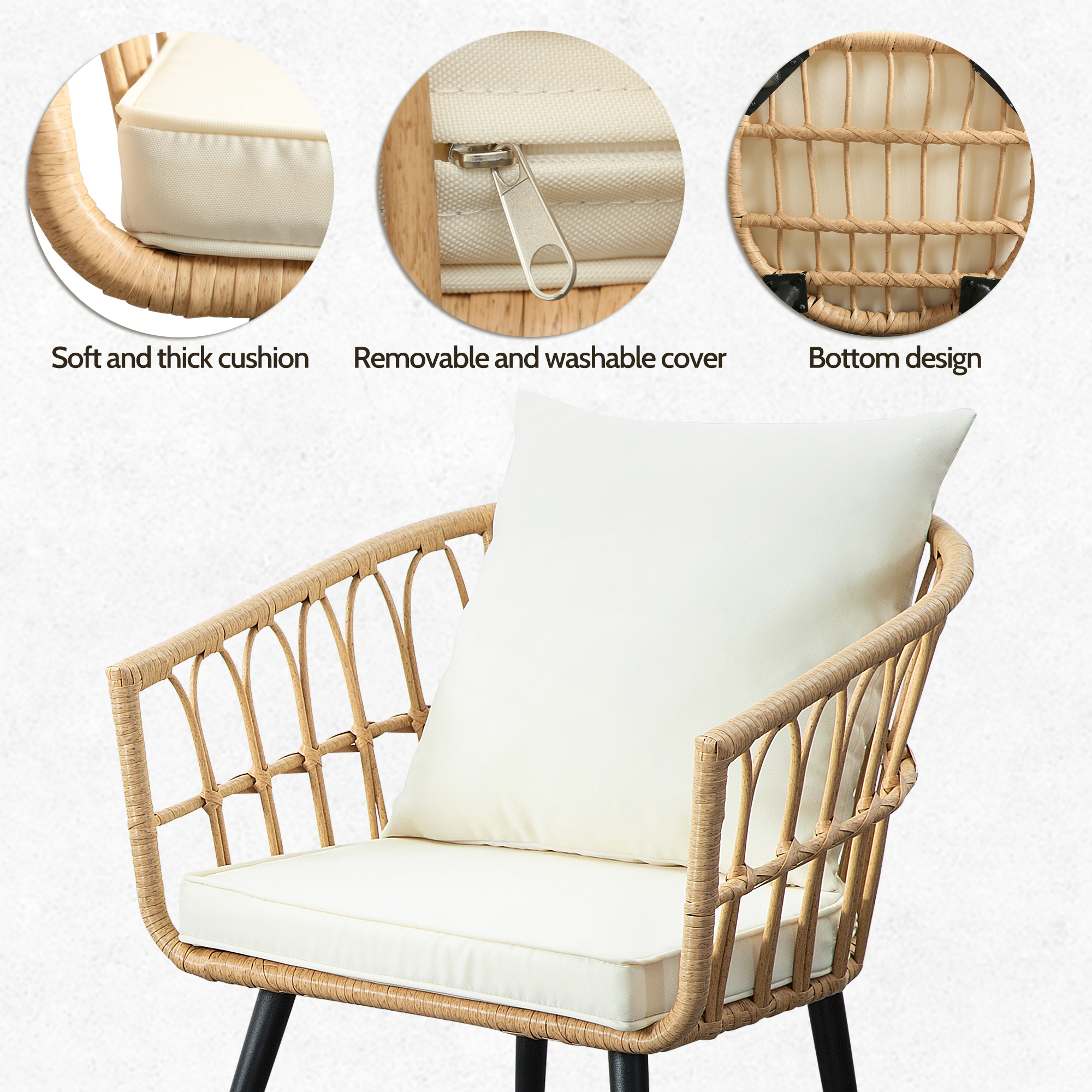 3-Piece PE Rattan Patio Bistro Set – 2 Chairs and 1 Coffee Table with Waterproof Cushions, Outdoor Furniture Set for Balcony/Garden, Beige