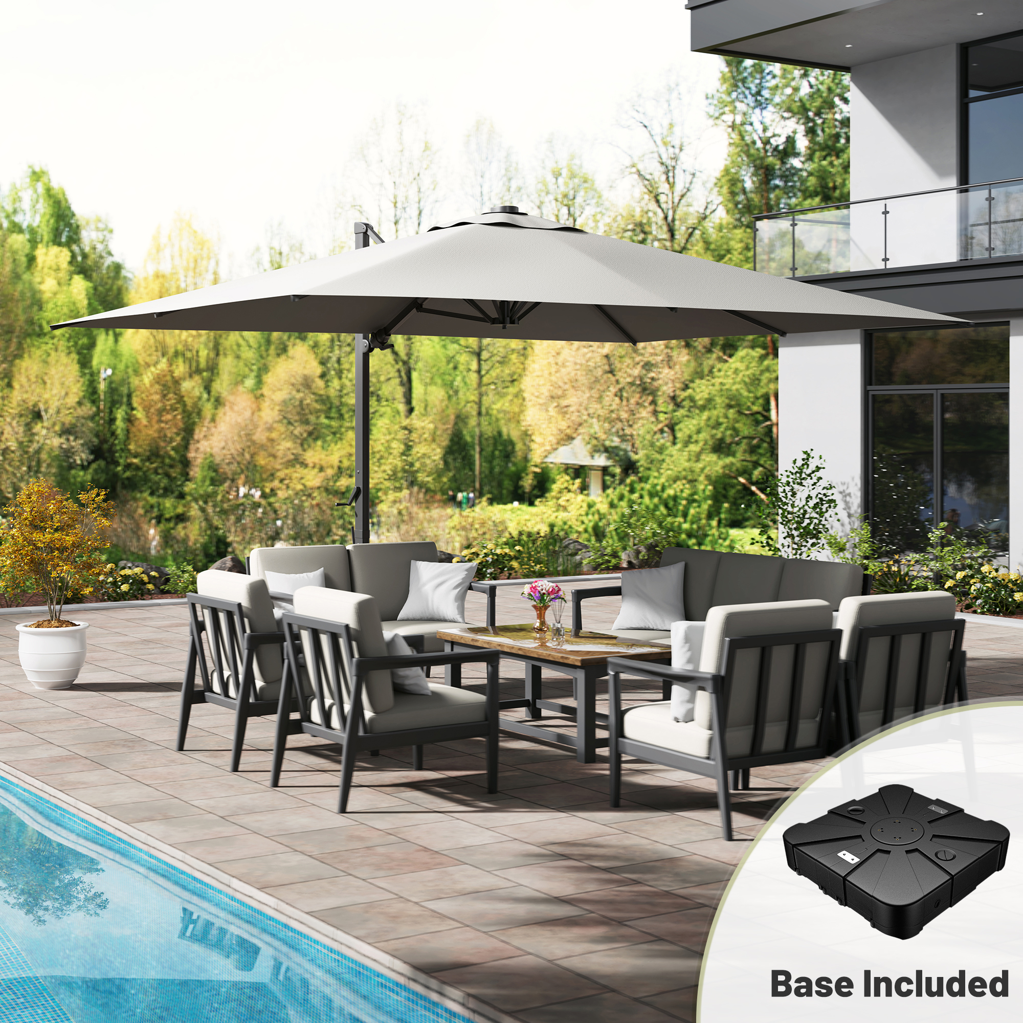 Square Aluminum Cantilever Patio Umbrella with 90 Tilt, LED & Bluetooth Mood Light, and Base Included