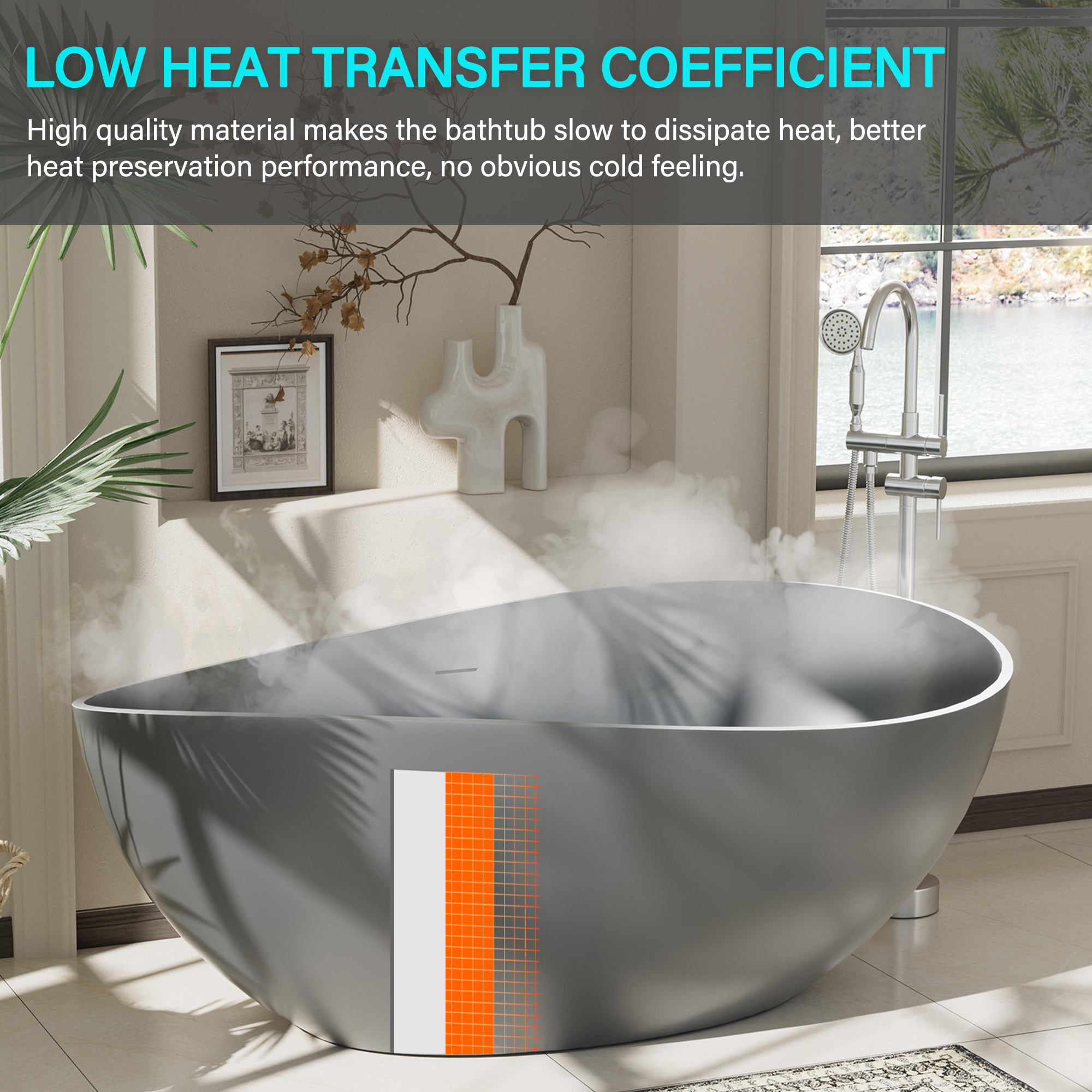 63" Free Standing Tub, Matte White Stone Resin Freestanding Bathtub Solid Surface Soaking Tub with Drain, Drain Hose & Sanding Paper