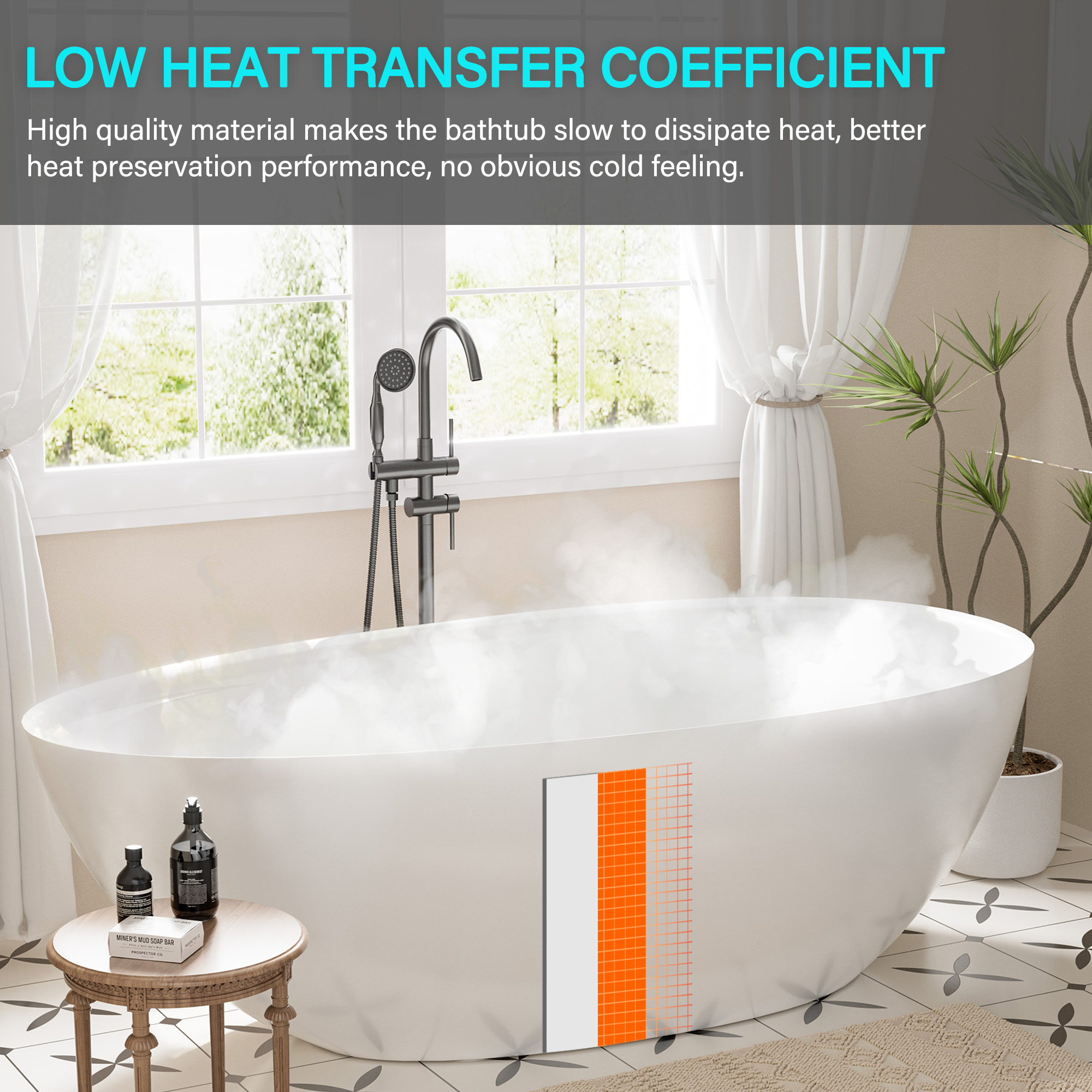 Boyel living 67" Free Standing Tub, Stone Resin Freestanding Tub Large Space Solid Surface Matte White Soaking Tub with Drain, Drain Hose & Sanding Paper