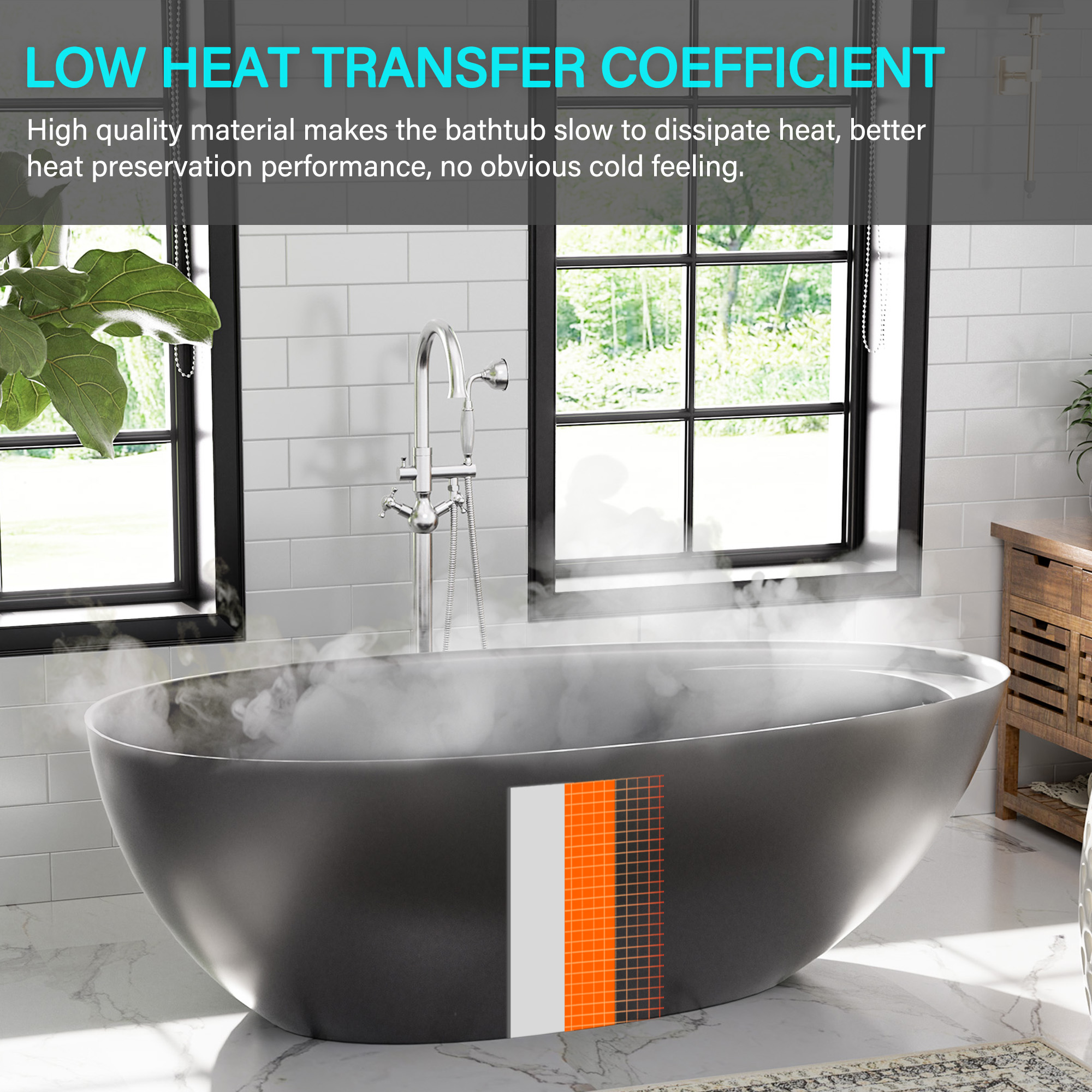 Boyel living 67" Free Standing Tub, Stone Resin Freestanding Tub Large Space Solid Surface Matte White Soaking Tub with Drain, Drain Hose & Sanding Paper