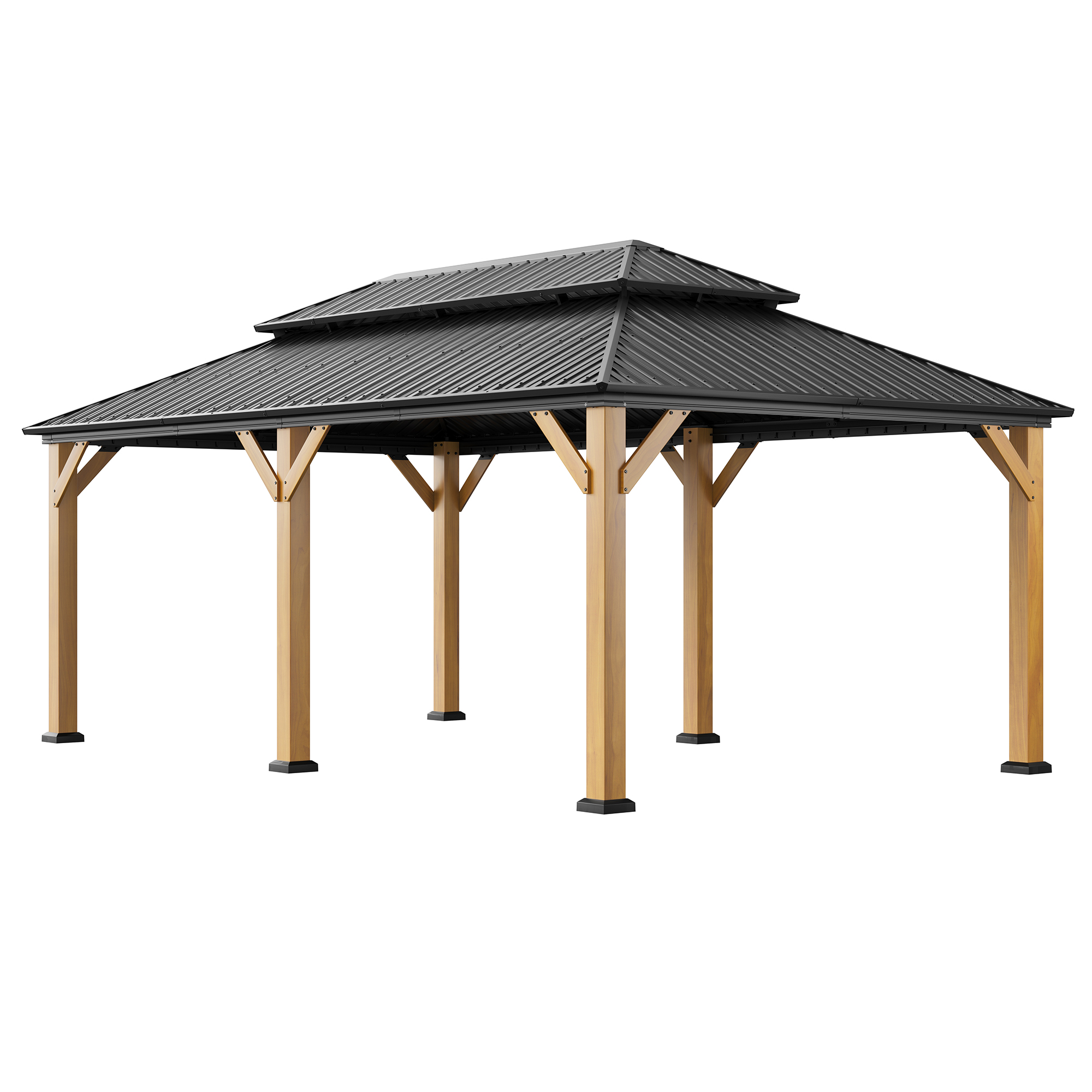 Outdoor Cedar Wood Frame Canopy with Galvanized Steel Double Roof, Outdoor Permanent Metal Pavilion with Curtains and Netting for Patio, Backyard and Lawn