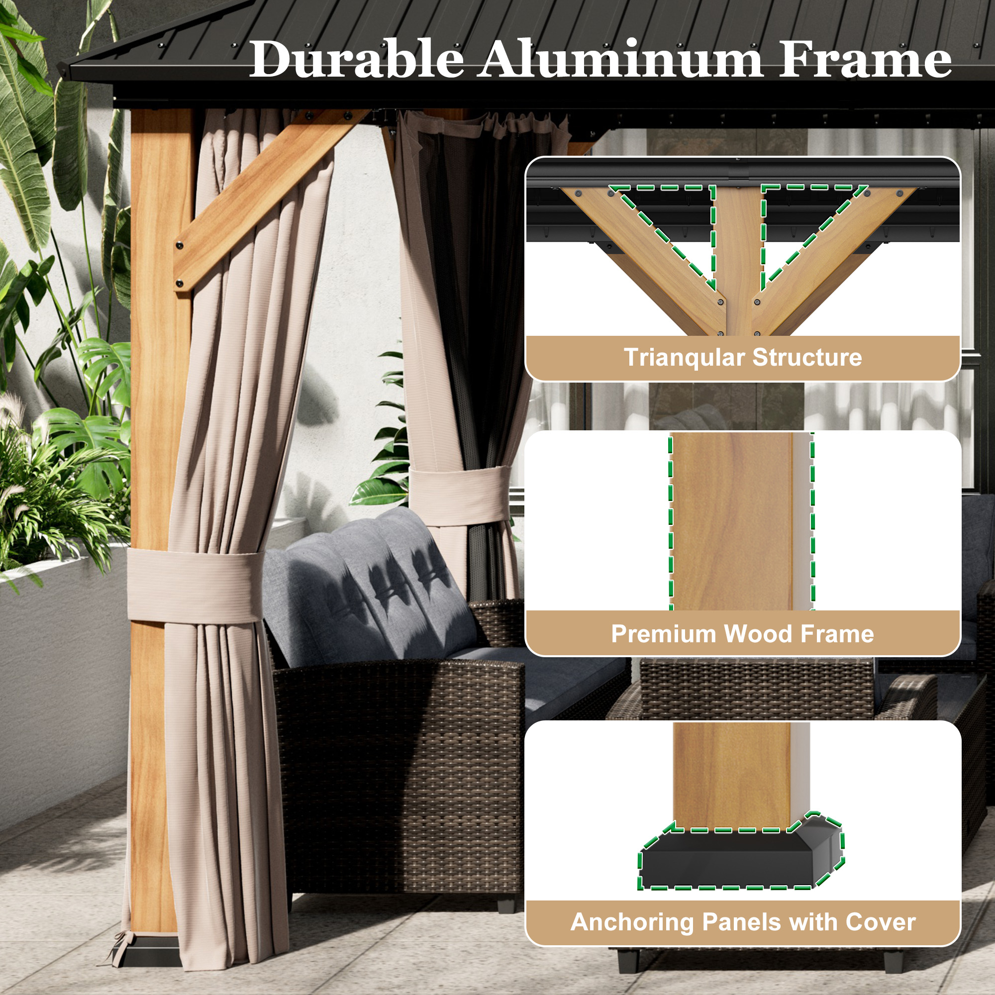 Outdoor Cedar Wood Frame Canopy with Galvanized Steel Double Roof, Outdoor Permanent Metal Pavilion with Curtains and Netting for Patio, Backyard and Lawn