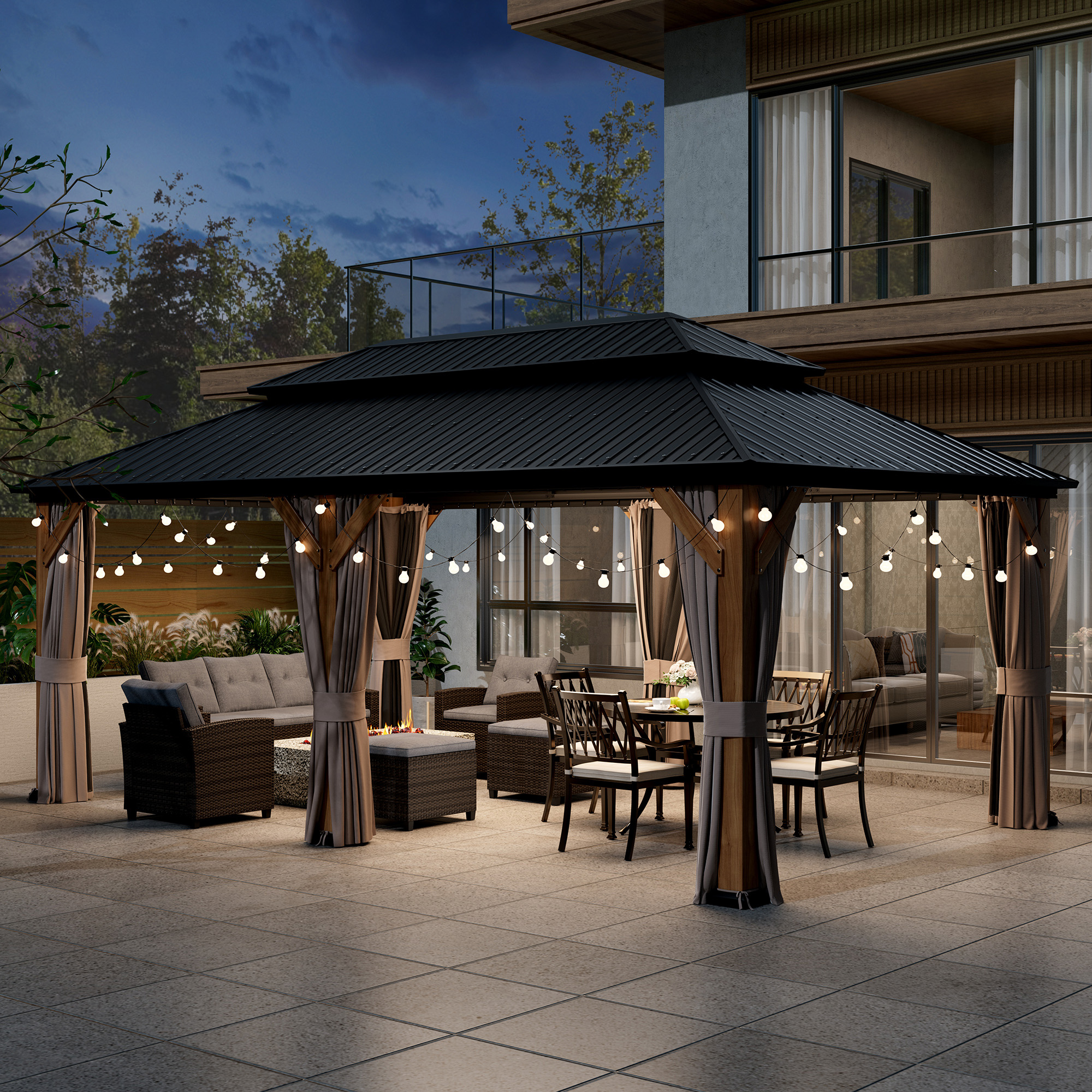 Outdoor Cedar Wood Frame Canopy with Galvanized Steel Double Roof, Outdoor Permanent Metal Pavilion with Curtains and Netting for Patio, Backyard and Lawn