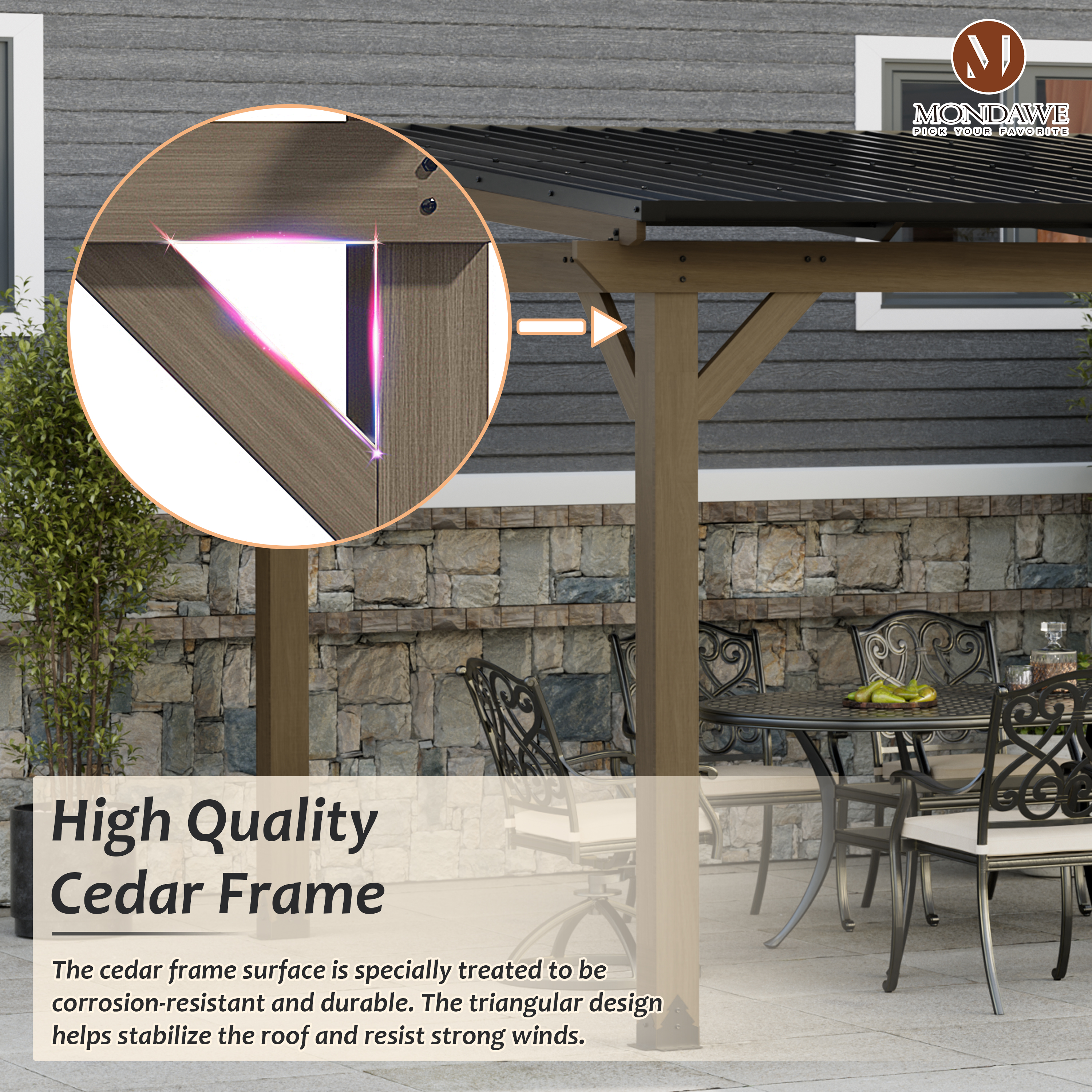 Outdoor Cedar Wooden Hardtop Gazebo with Pitched Galvanized Steel Roof