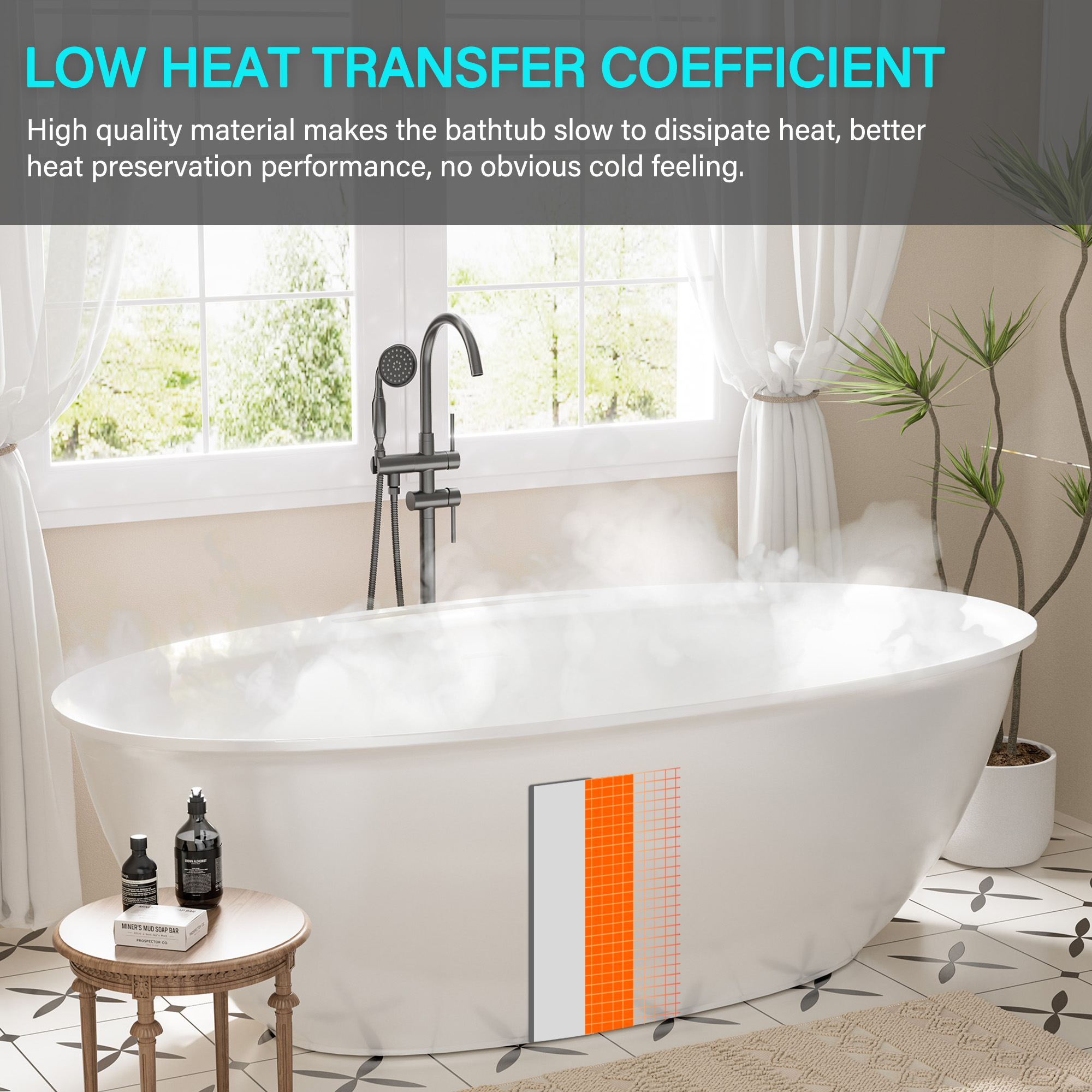 Matte white 67-inch artificial stone freestanding bathtub, hand-polished, with drainer + drain cover + drain pipe