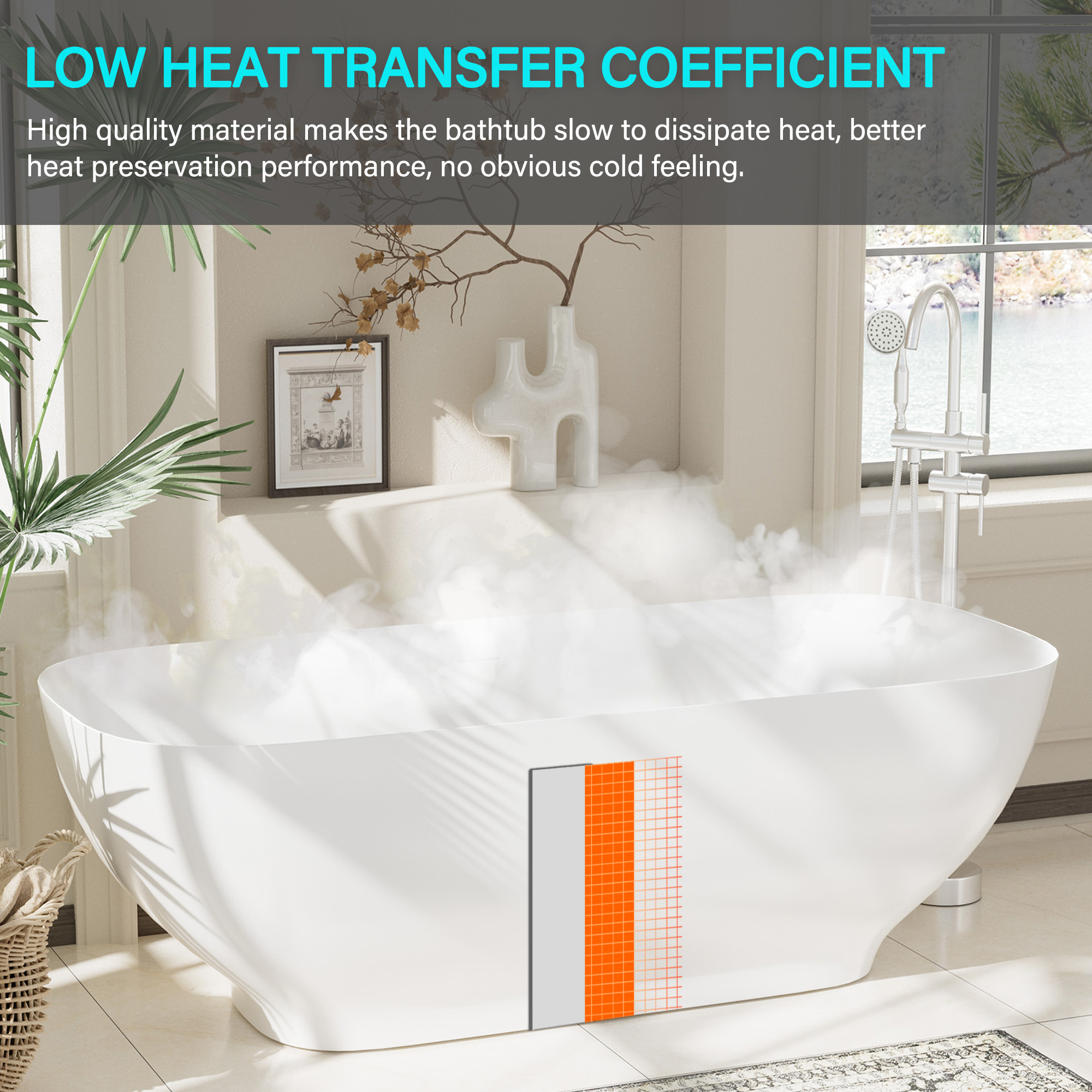 Matte white 67-inch artificial stone freestanding bathtub, can match any decoration style