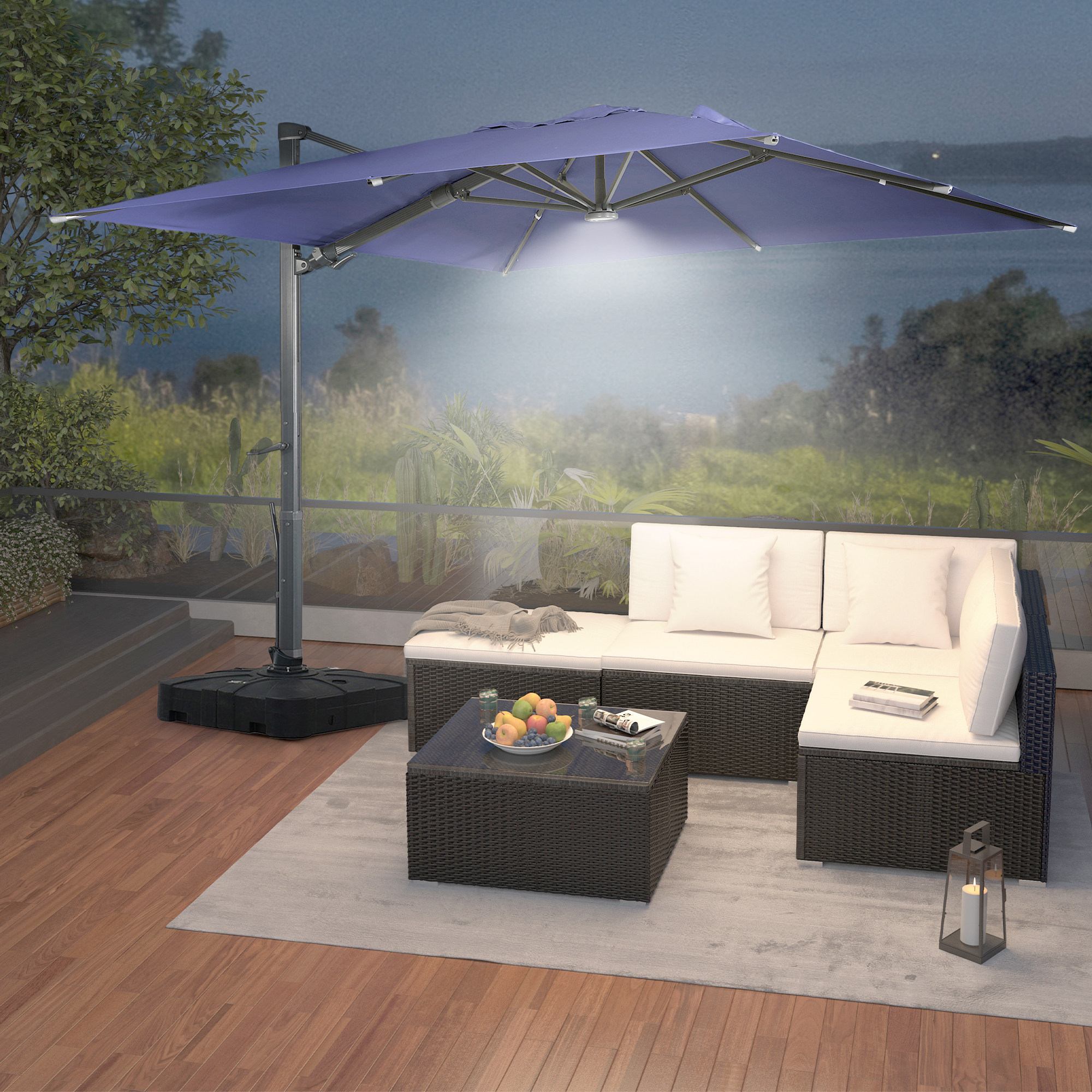 Square Aluminum Cantilever Patio Umbrella with 90° Tilt, LED & Bluetooth Mood Light, and Base Included