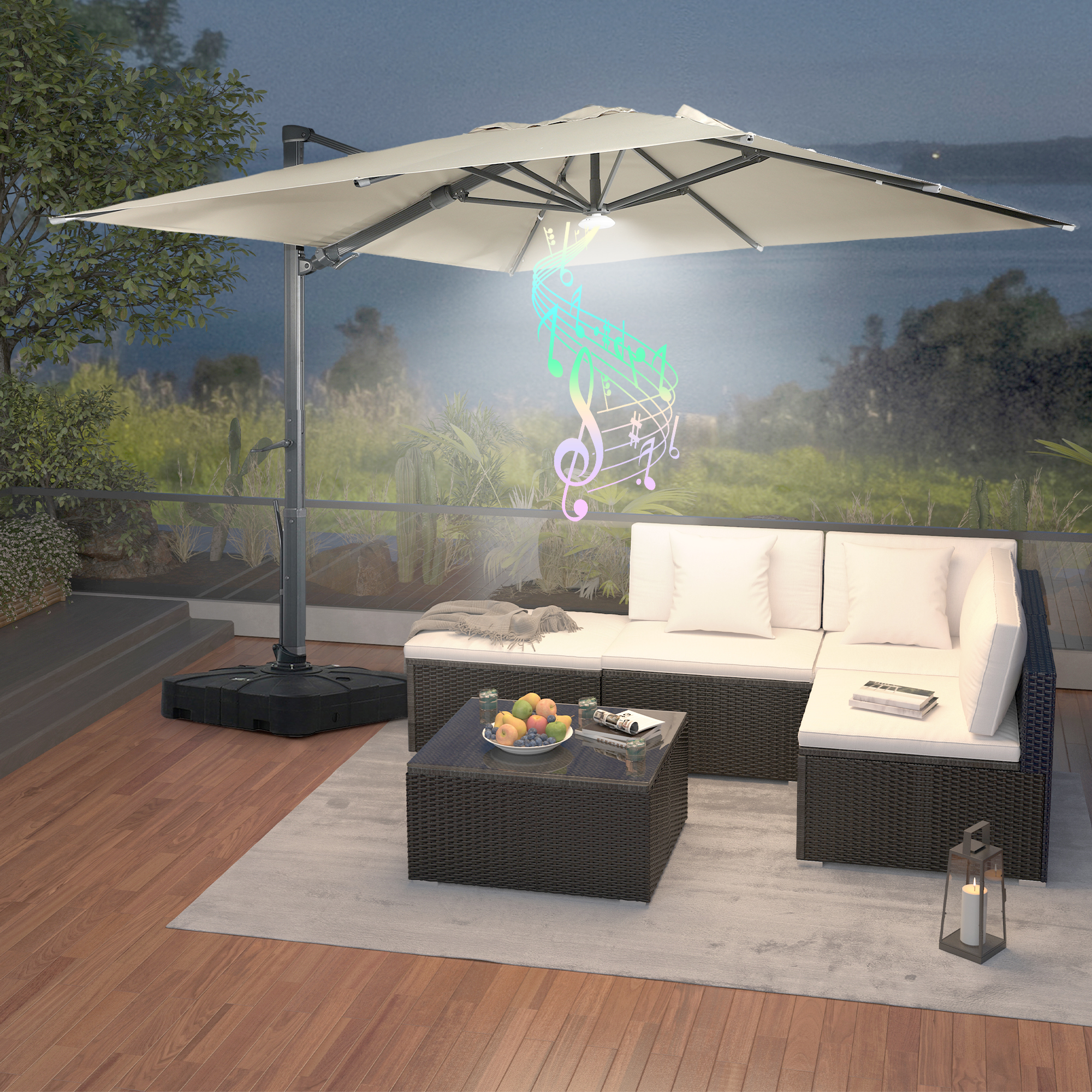 Square Aluminum Cantilever Patio Umbrella with 90° Tilt, LED & Bluetooth Mood Light, and Base Included