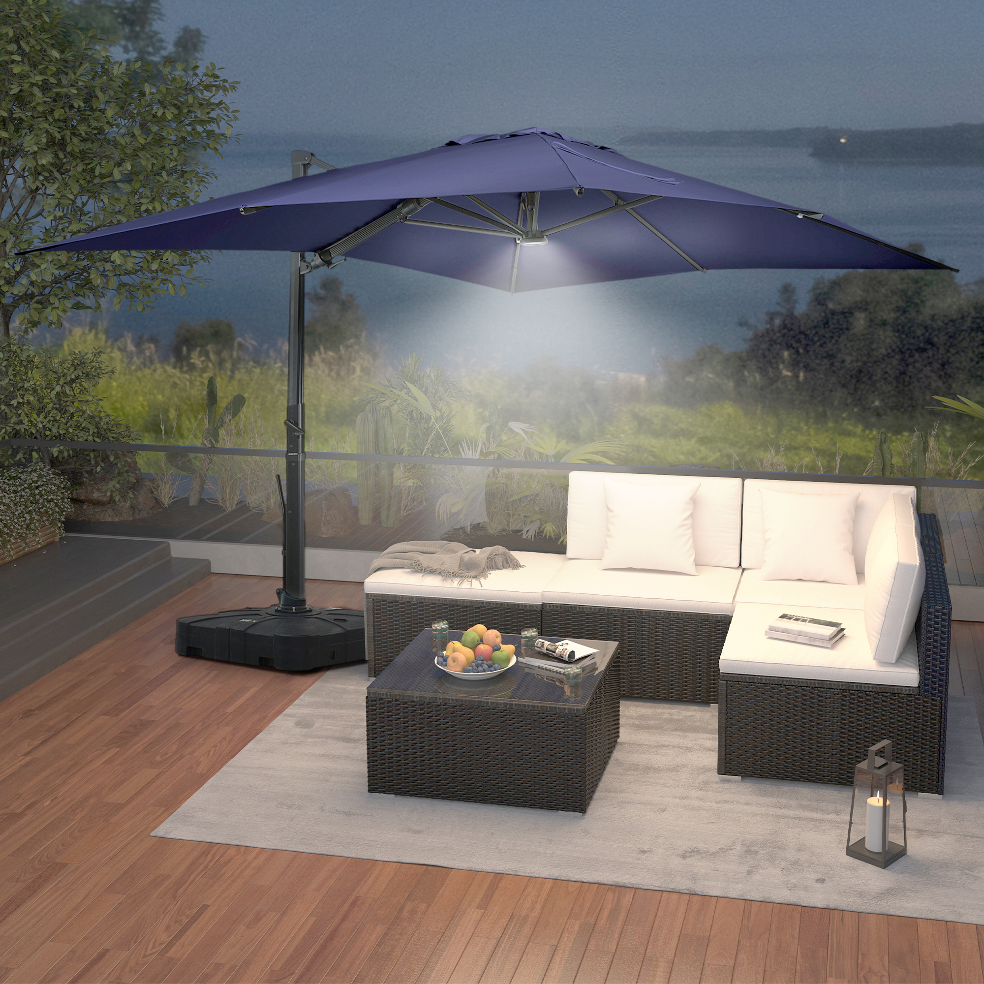 Square Aluminum Cantilever Patio Umbrella with 90° Tilt, LED & Bluetooth Mood Light, and Base Included