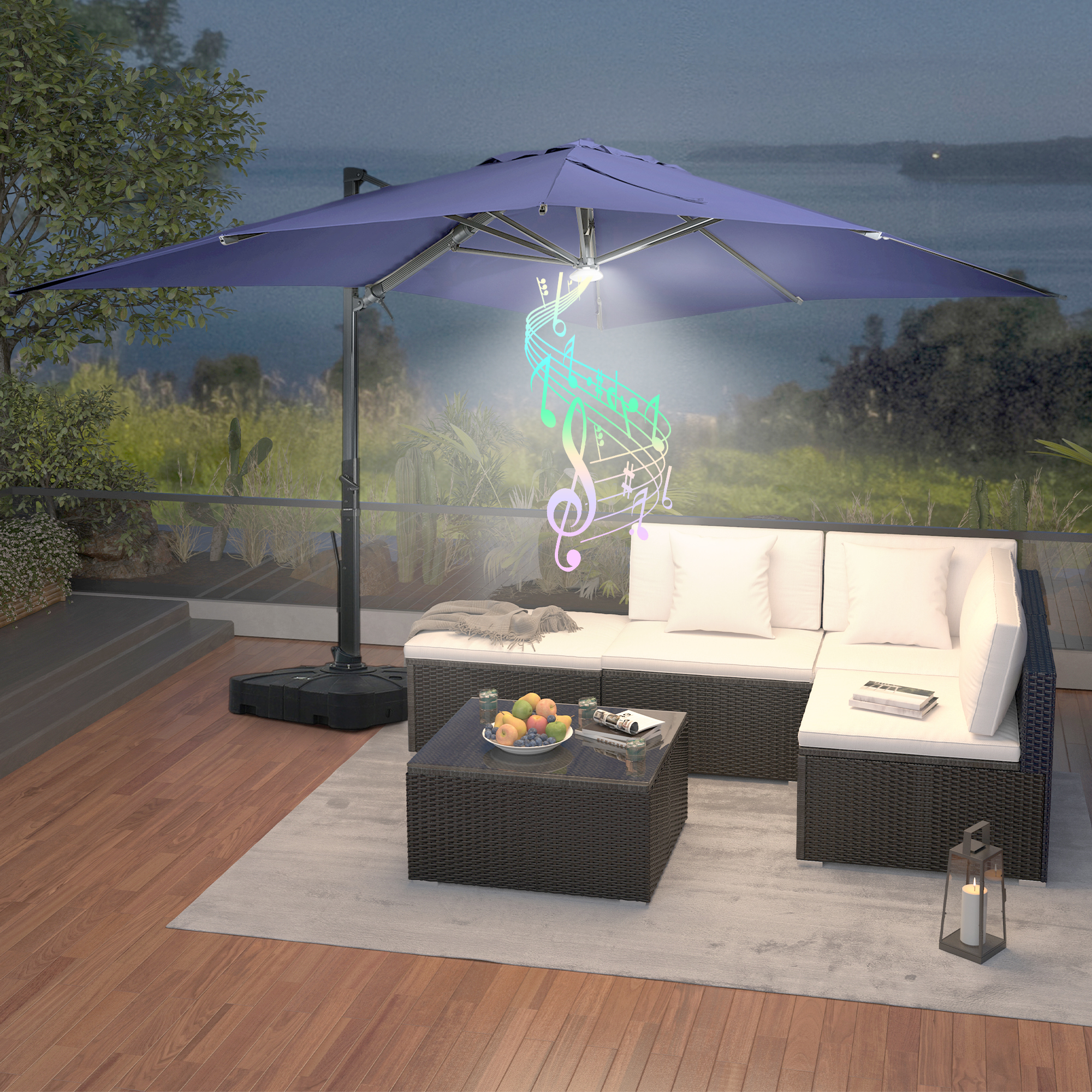 Square Aluminum Cantilever Patio Umbrella with 90° Tilt, LED & Bluetooth Mood Light, and Base Included