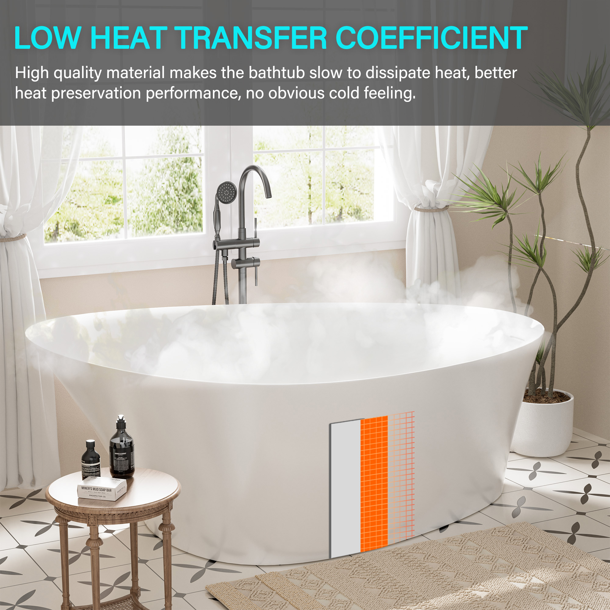 Boyel Living Matte white 65-inch artificial stone freestanding bathtub, can match any decoration style, 65"(L) x 37"(W) x 24"(H)