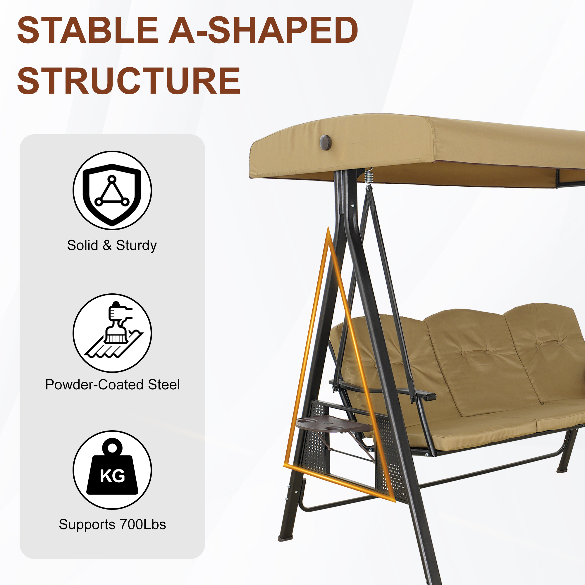 Steel 3 Person Patio Swing Chair Swinging Outdoor Chair with Removable Mat, Cushion and Convertible Canopy