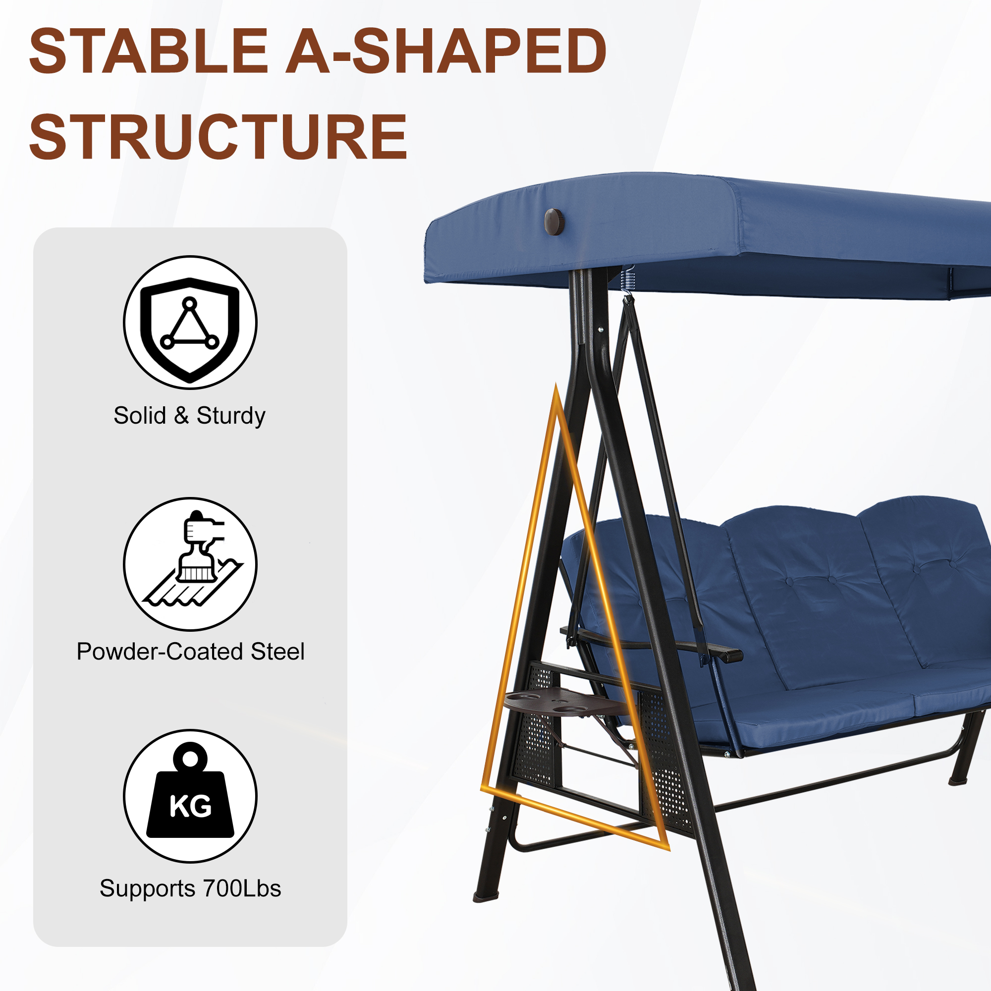 Steel 3 Person Patio Swing Chair Swinging Outdoor Chair with Removable Mat, Cushion and Convertible Canopy