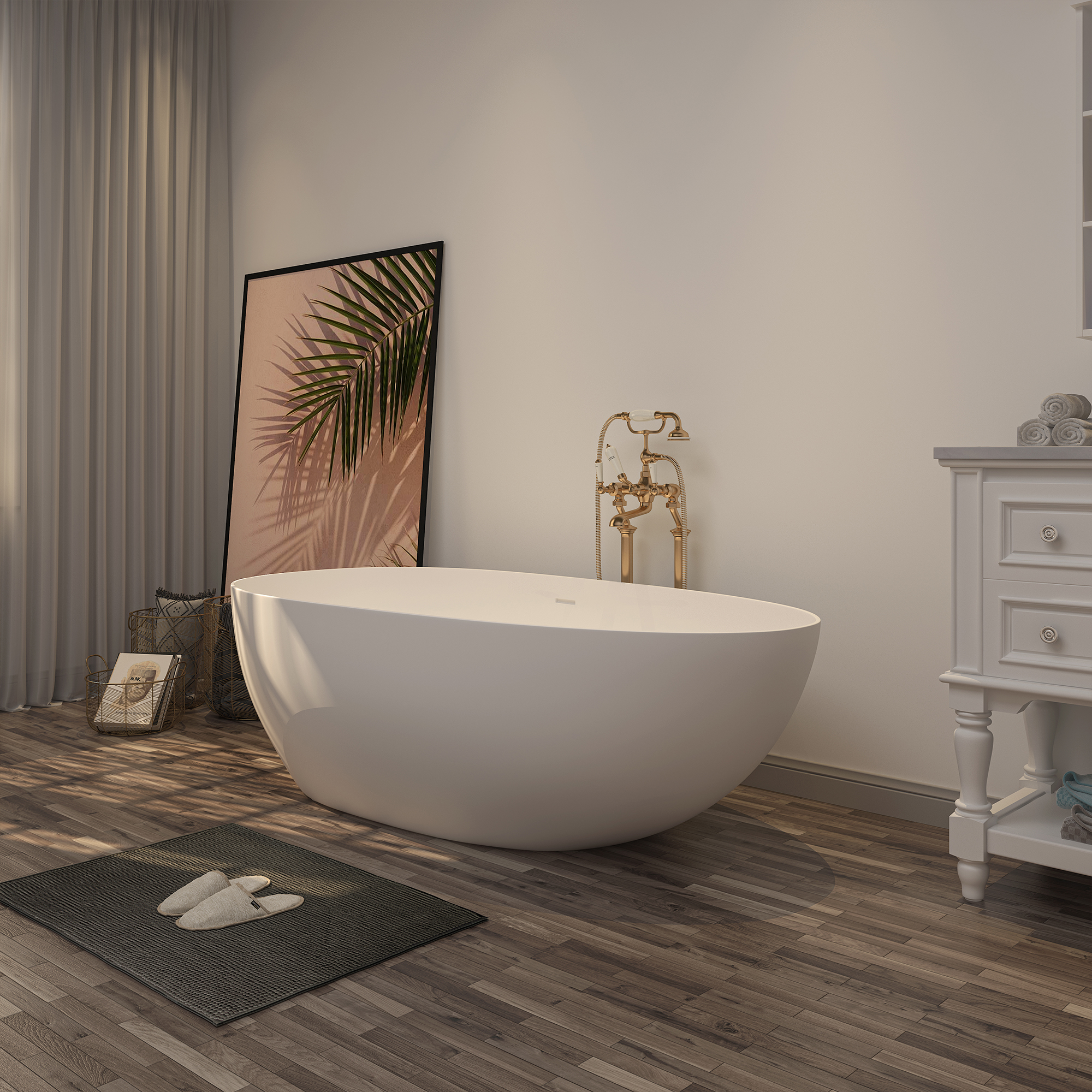 71'' Resin Stone Freestanding Bathtub, Solid Surface Matte White Free Standing Tub, Egg Shape Stand Alone Soaking Tubs with Drain, Drain Hose & Sanding Paper