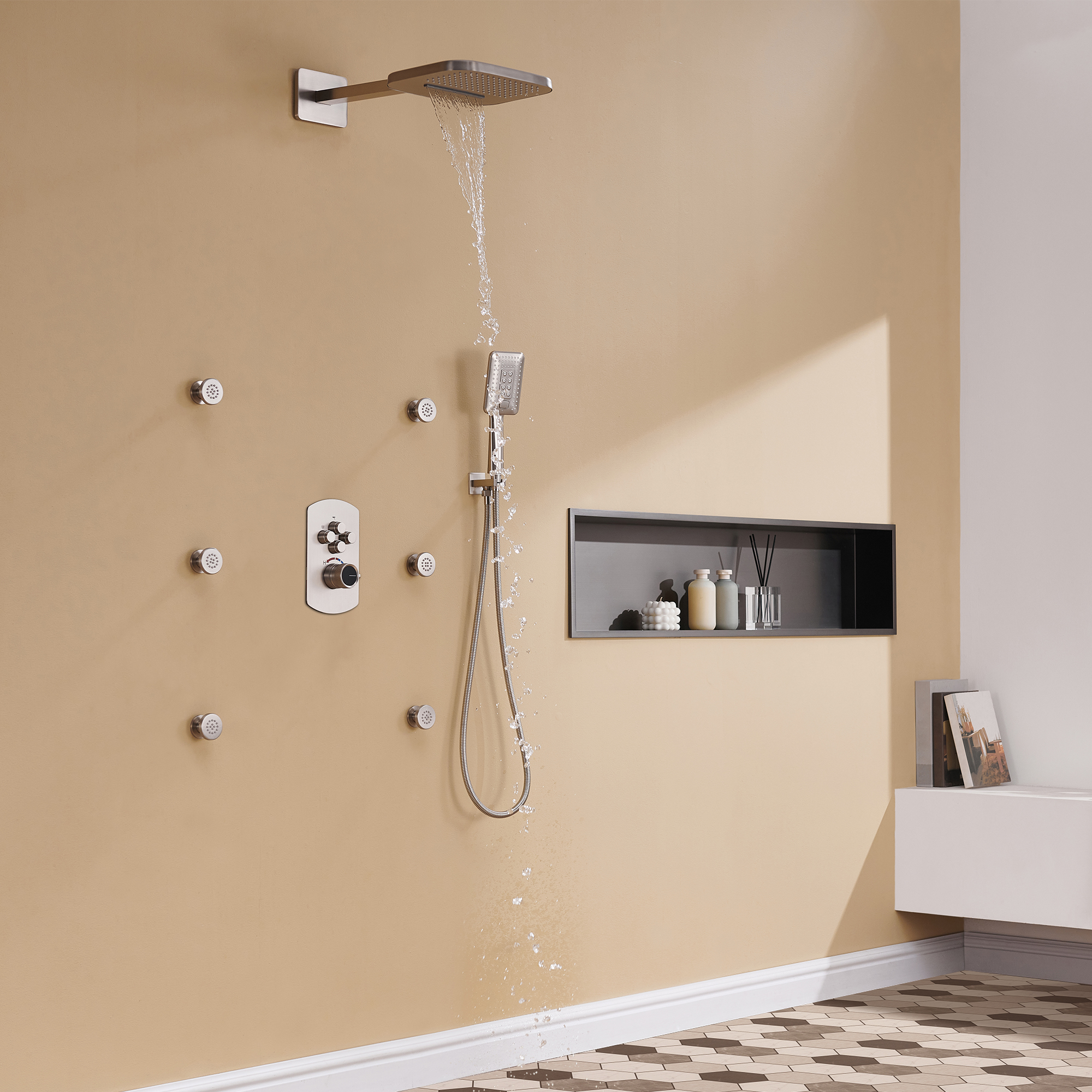 Mondawe Pressure Balanced 4-Spray Patterns 22 in. Wall Mounted Rainfall Dual Shower Heads-Mondawe