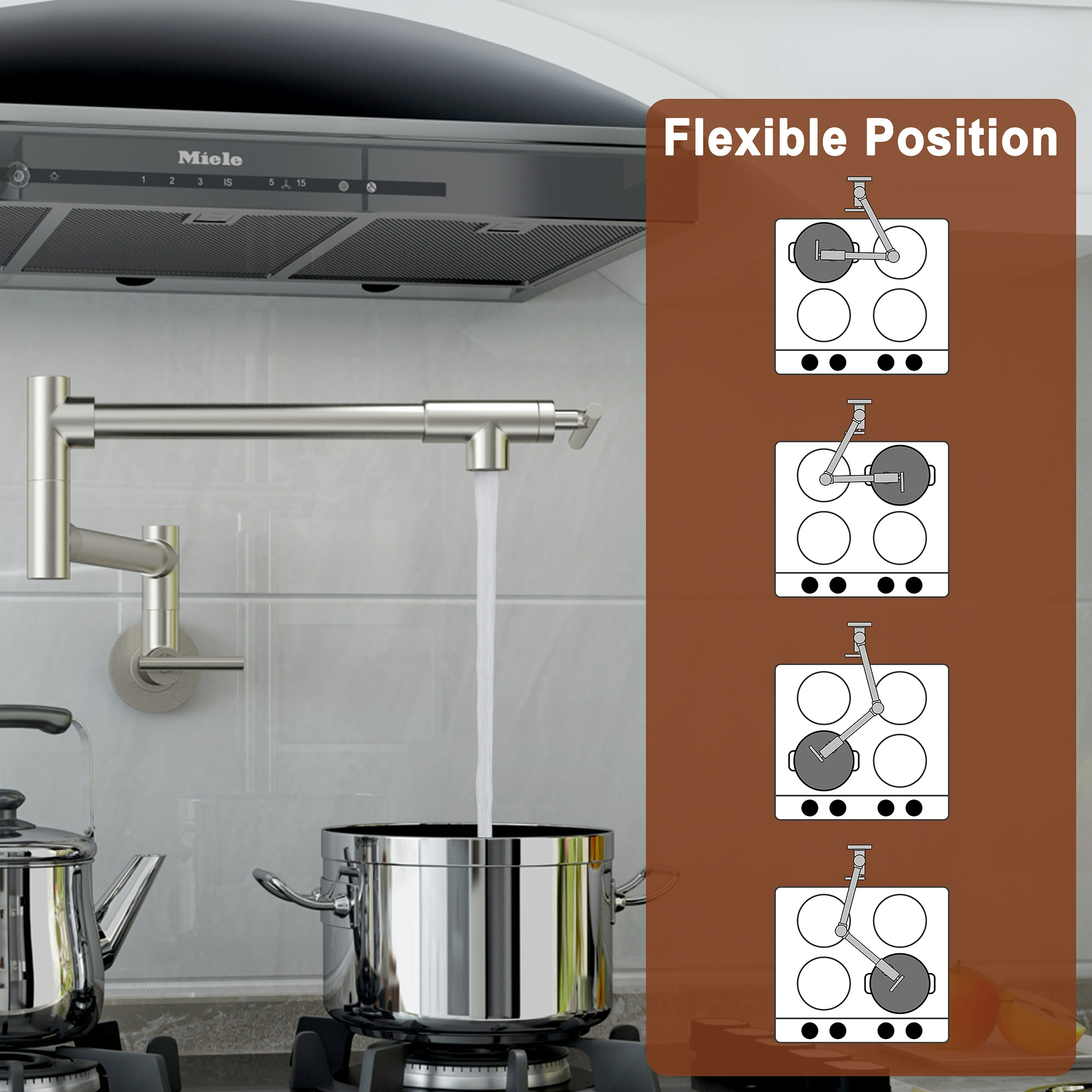 Pot Filler Faucet Wall Mount Kitchen Sink Faucet Stove Pot Filling Faucet with Double Joint Swing Arms Folding Faucet, Solid Brass Material, Lead-Free, Single Hole, Brushed Nickel