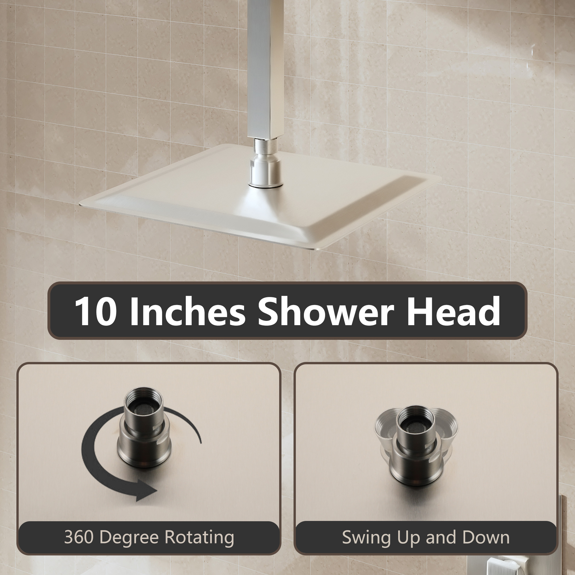 10"/12" Stainless Steel 360 Degree Adjustable 0.08" Ultra-thin Rectangle Shower Head In Matte Black/Brushed Nickel