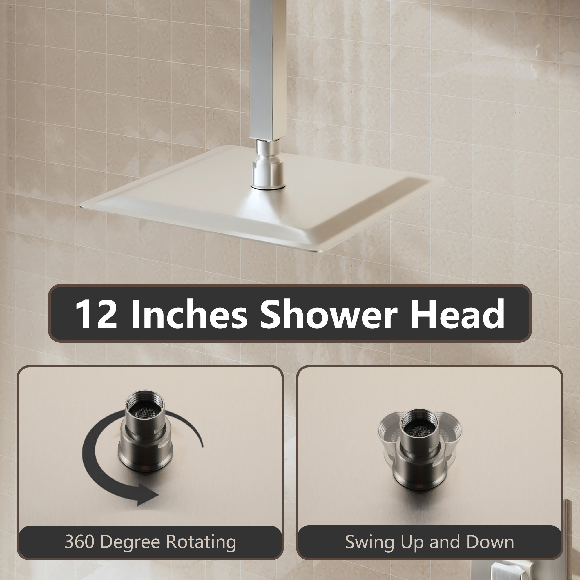 10"/12" Stainless Steel 360 Degree Adjustable 0.08" Ultra-thin Rectangle Shower Head In Matte Black/Brushed Nickel