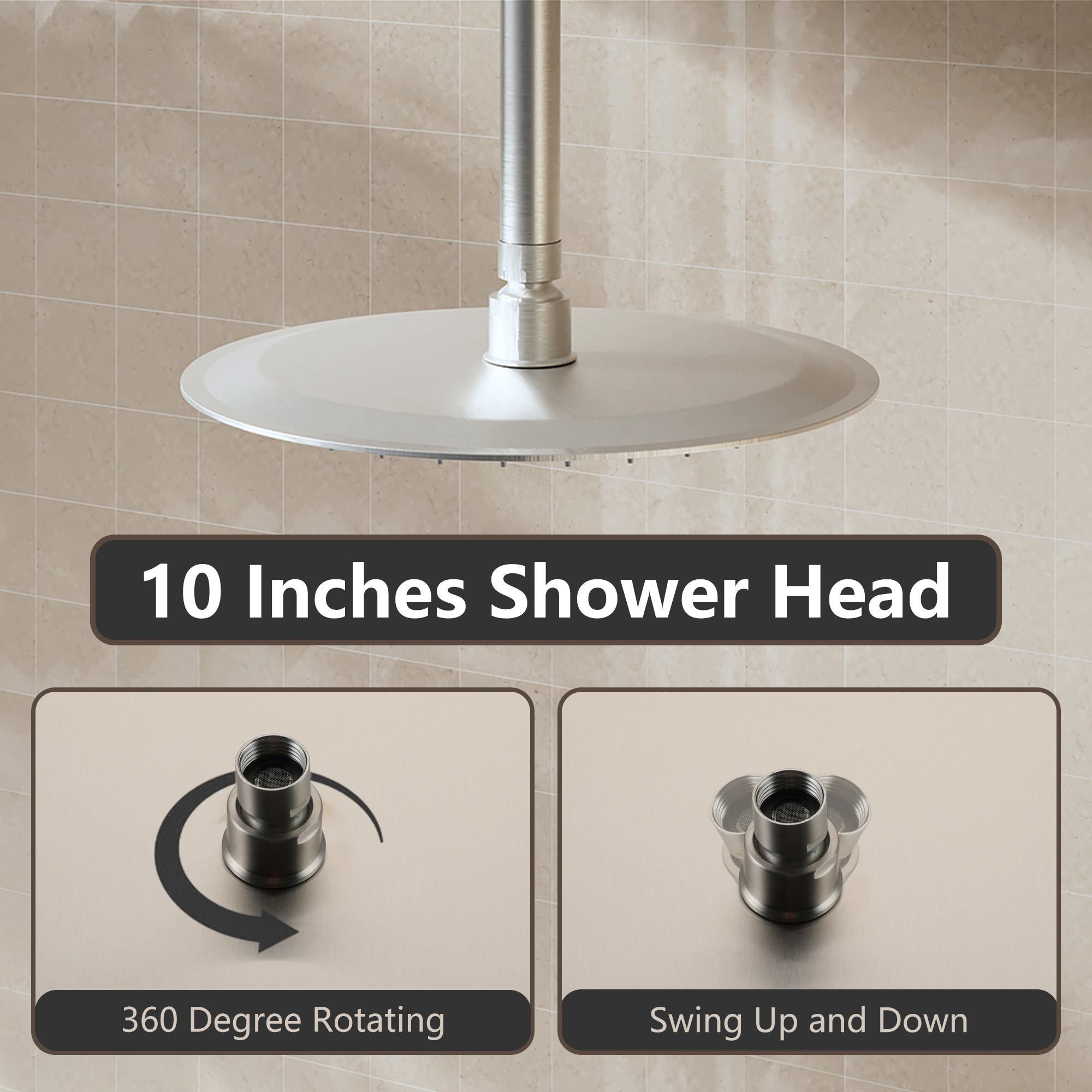 10"/12" Stainless Steel 360 Degree Adjustable 0.08" Ultra-thin Round Shower Head In Matte Black/Brushed Nickel