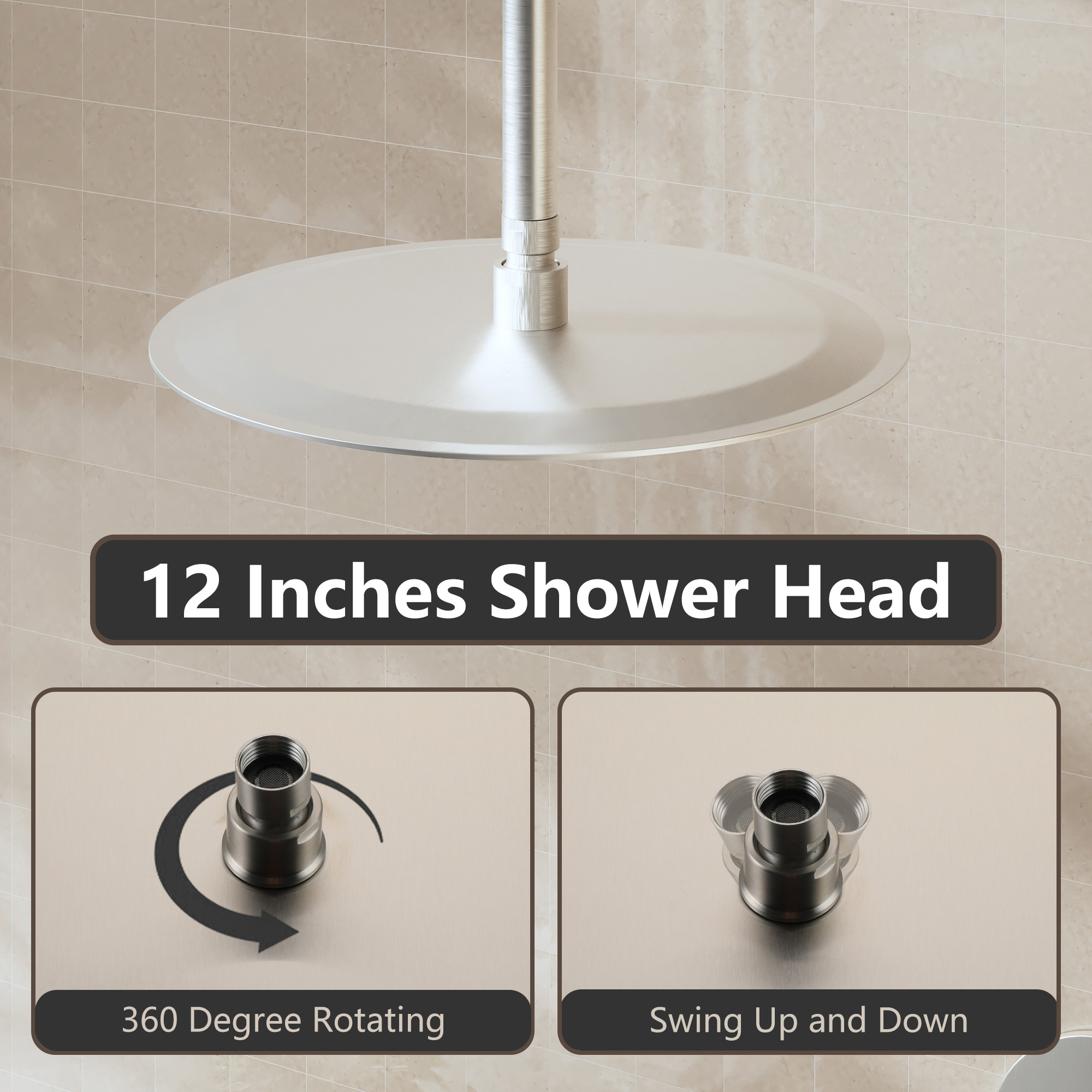 10"/12" Stainless Steel 360 Degree Adjustable 0.08" Ultra-thin Round Shower Head In Matte Black/Brushed Nickel