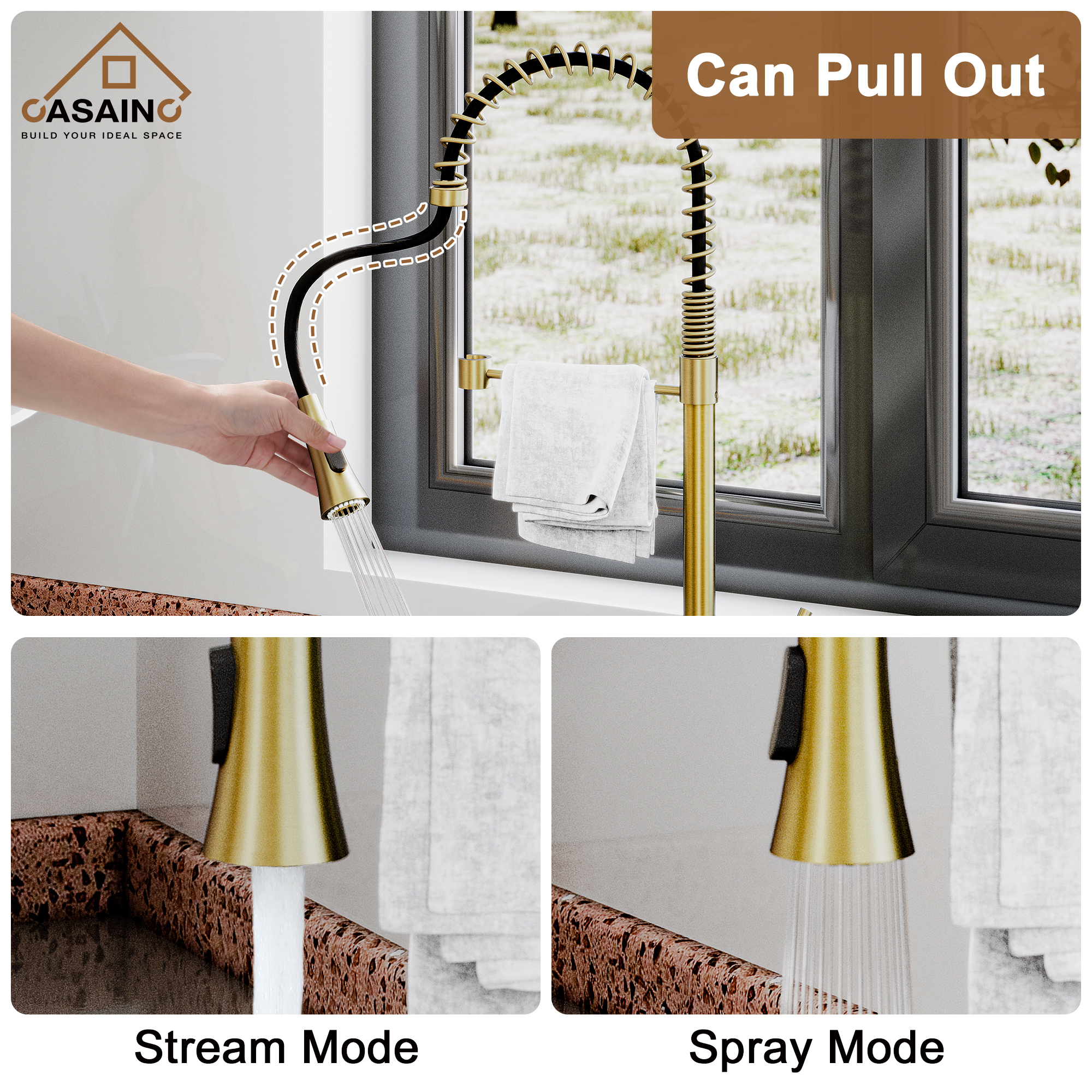 Single-Handle Spring Pull Down Sprayer Kitchen Faucet in Brushed Gold with Dual Function Sprayhead and Deckplate