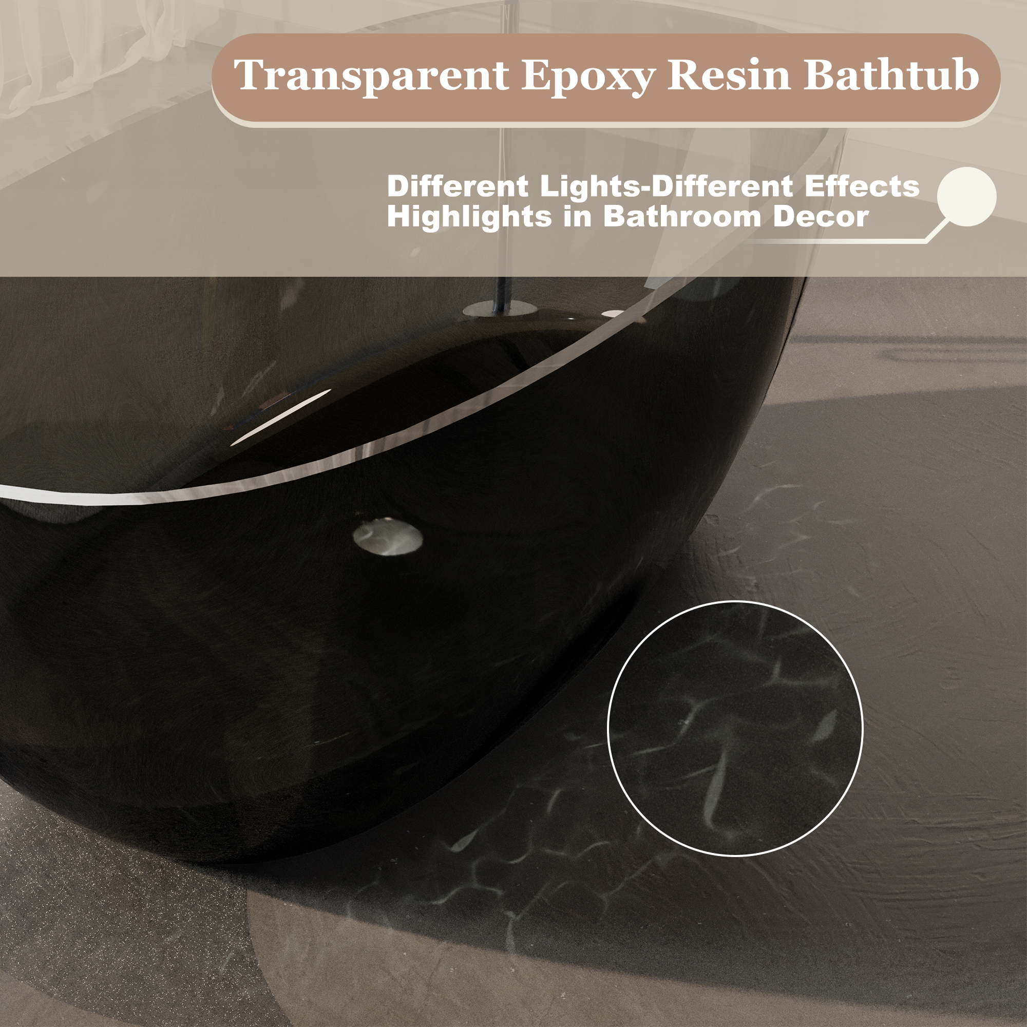 59" Soaking Tub Transparent Resin Freestanding Bathtub Modern Oval Design Stand Alone Tub with Overflow and Pop-up Drain
