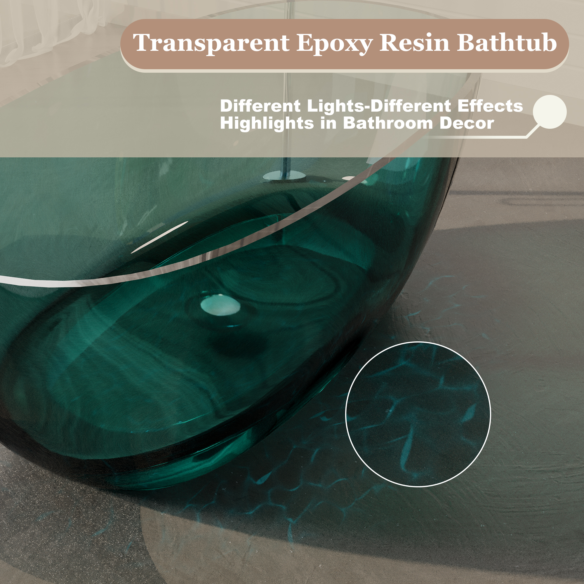 59" Soaking Tub Transparent Resin Freestanding Bathtub Modern Oval Design Stand Alone Tub with Overflow and Pop-up Drain