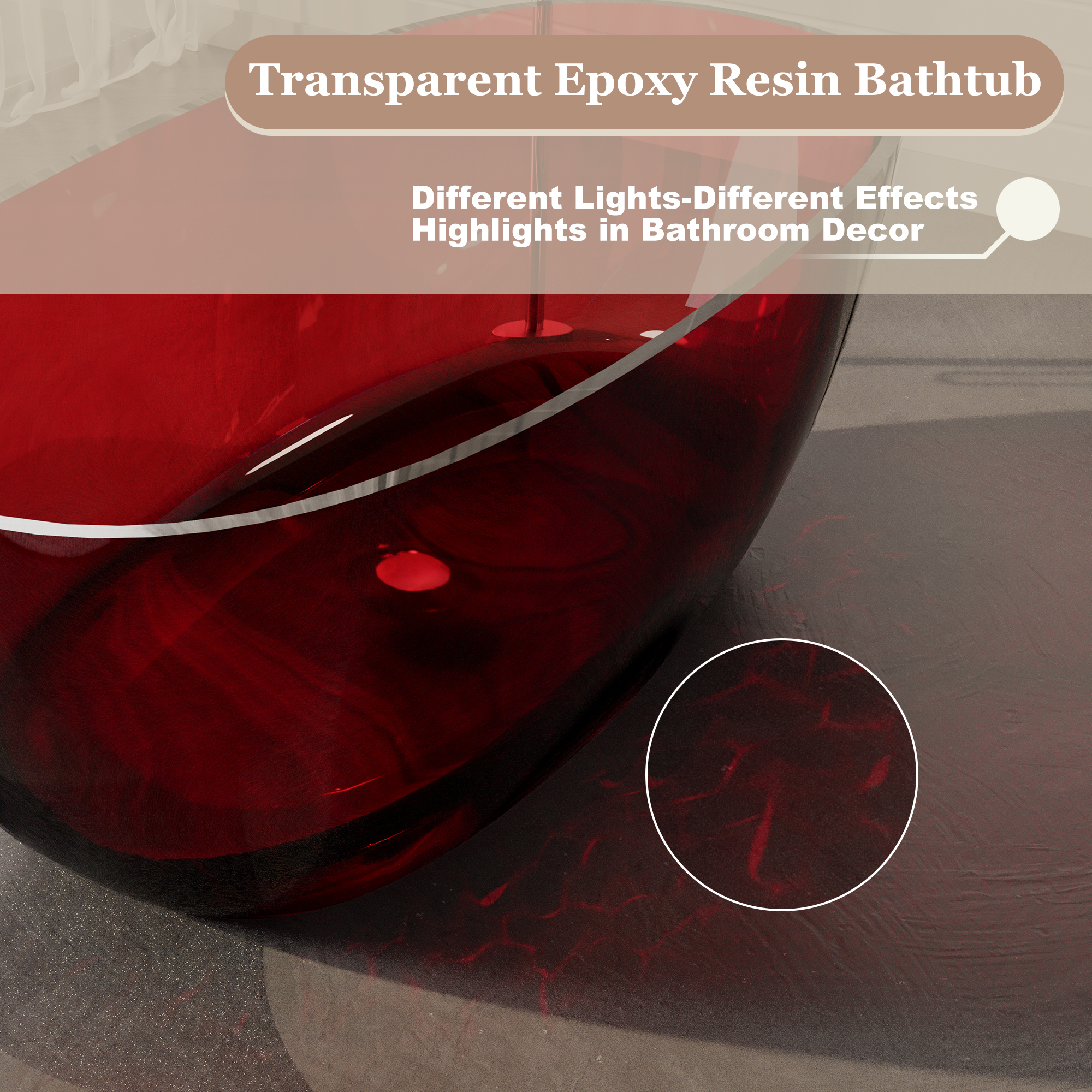 59" Soaking Tub Transparent Resin Freestanding Bathtub Modern Oval Design Stand Alone Tub with Overflow and Pop-up Drain