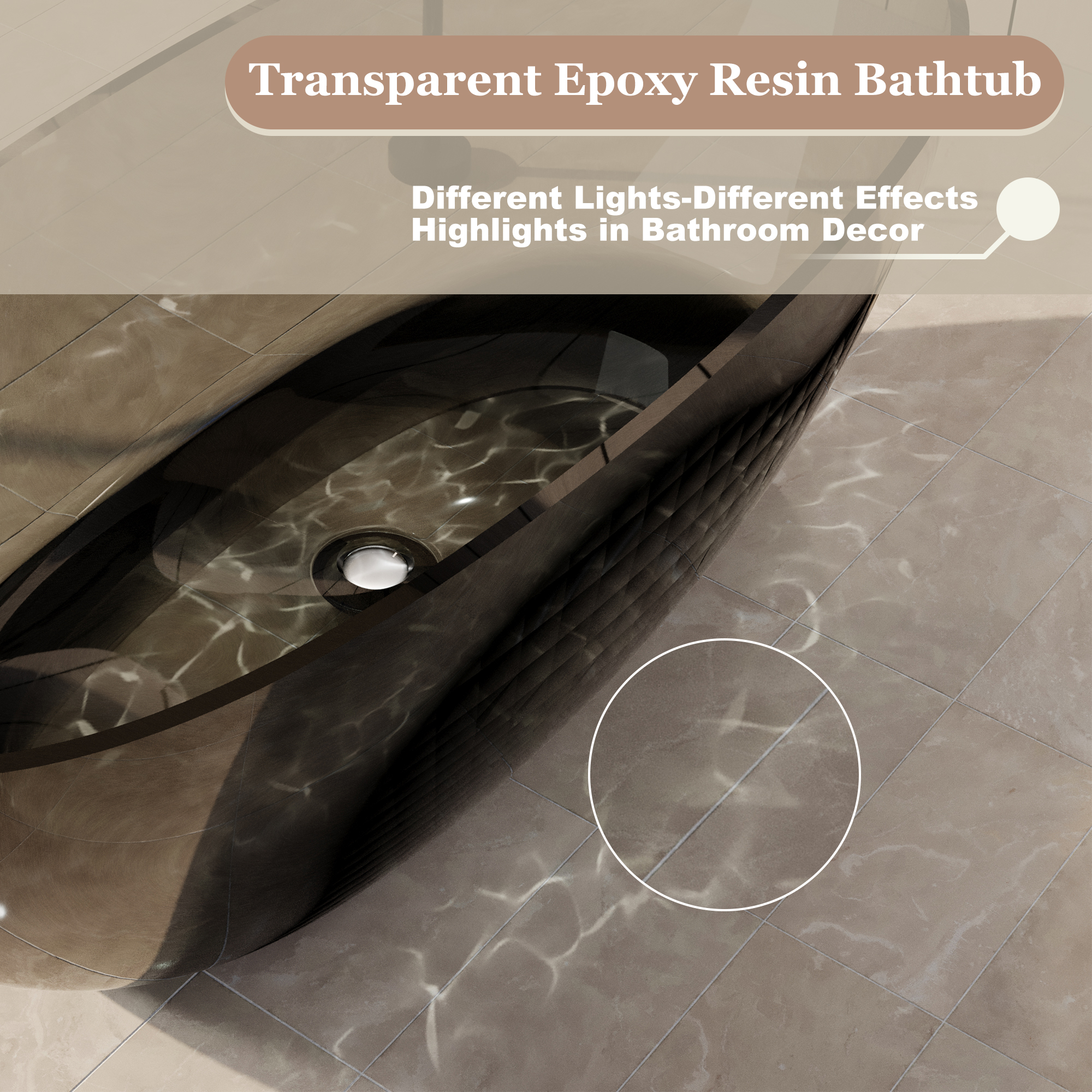 67" Soaking Tub Transparent Resin Freestanding Bathtub Modern Oval Design Stand Alone Tub with Overflow and Pop-up Drain ,Black & Grey/Coffee/Red/Blue