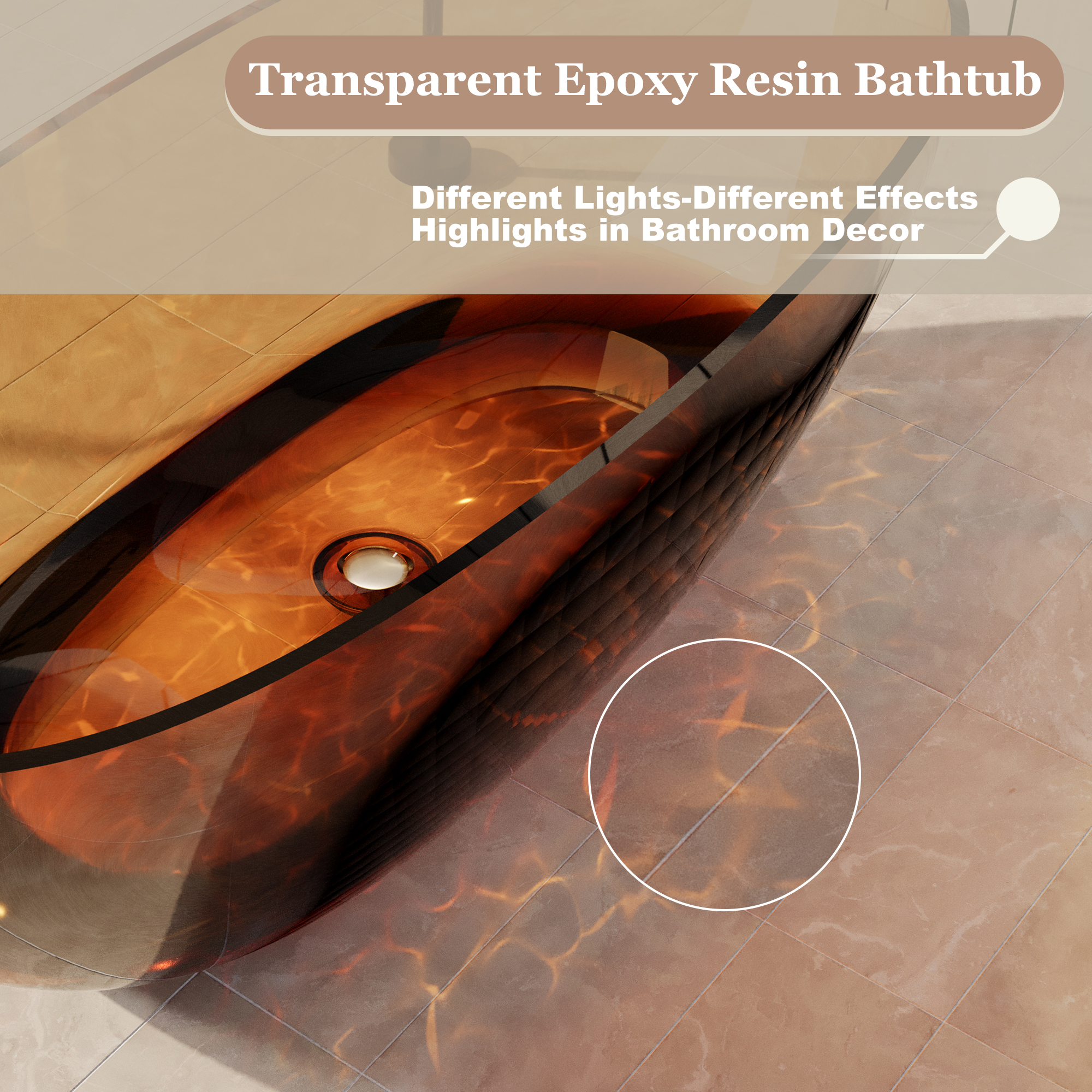 67" Soaking Tub Transparent Resin Freestanding Bathtub Modern Oval Design Stand Alone Tub with Overflow and Pop-up Drain ,Black & Grey/Coffee/Red/Blue