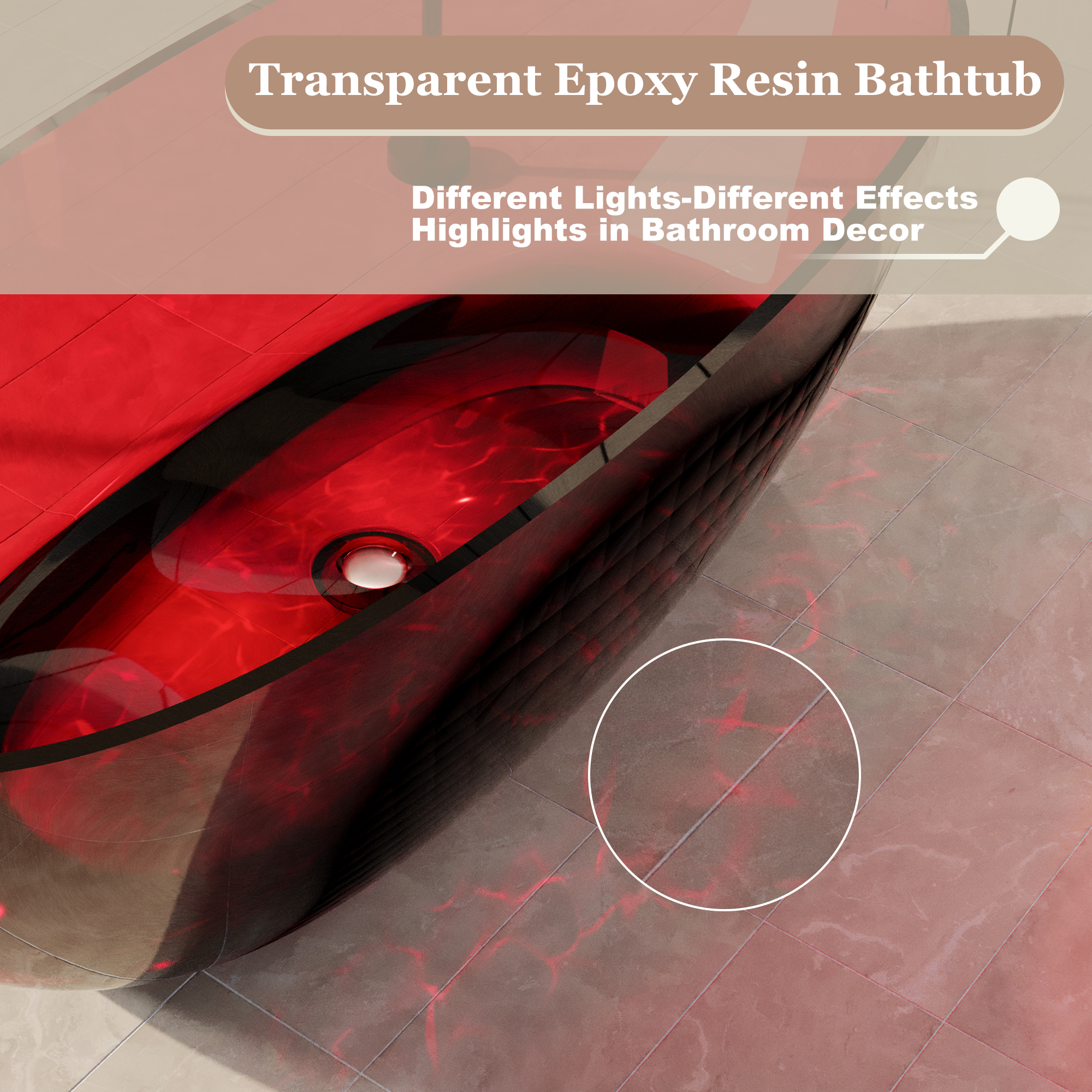 67" Soaking Tub Transparent Resin Freestanding Bathtub Modern Oval Design Stand Alone Tub with Overflow and Pop-up Drain ,Black & Grey/Coffee/Red/Blue