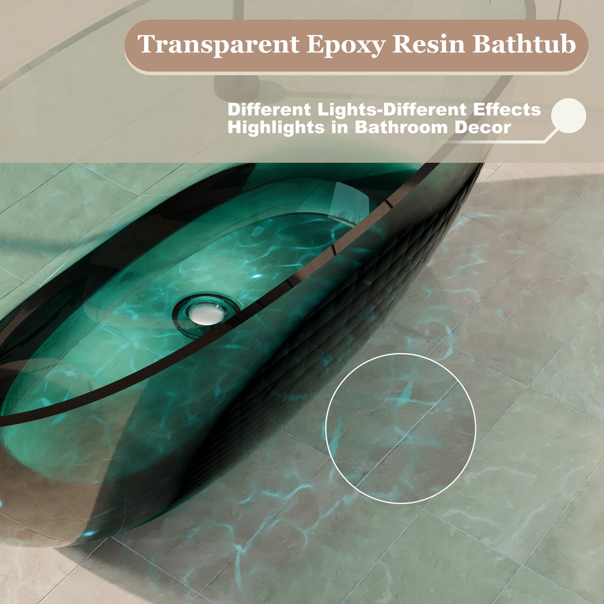 67" Soaking Tub Transparent Resin Freestanding Bathtub Modern Oval Design Stand Alone Tub with Overflow and Pop-up Drain ,Black & Grey/Coffee/Red/Blue